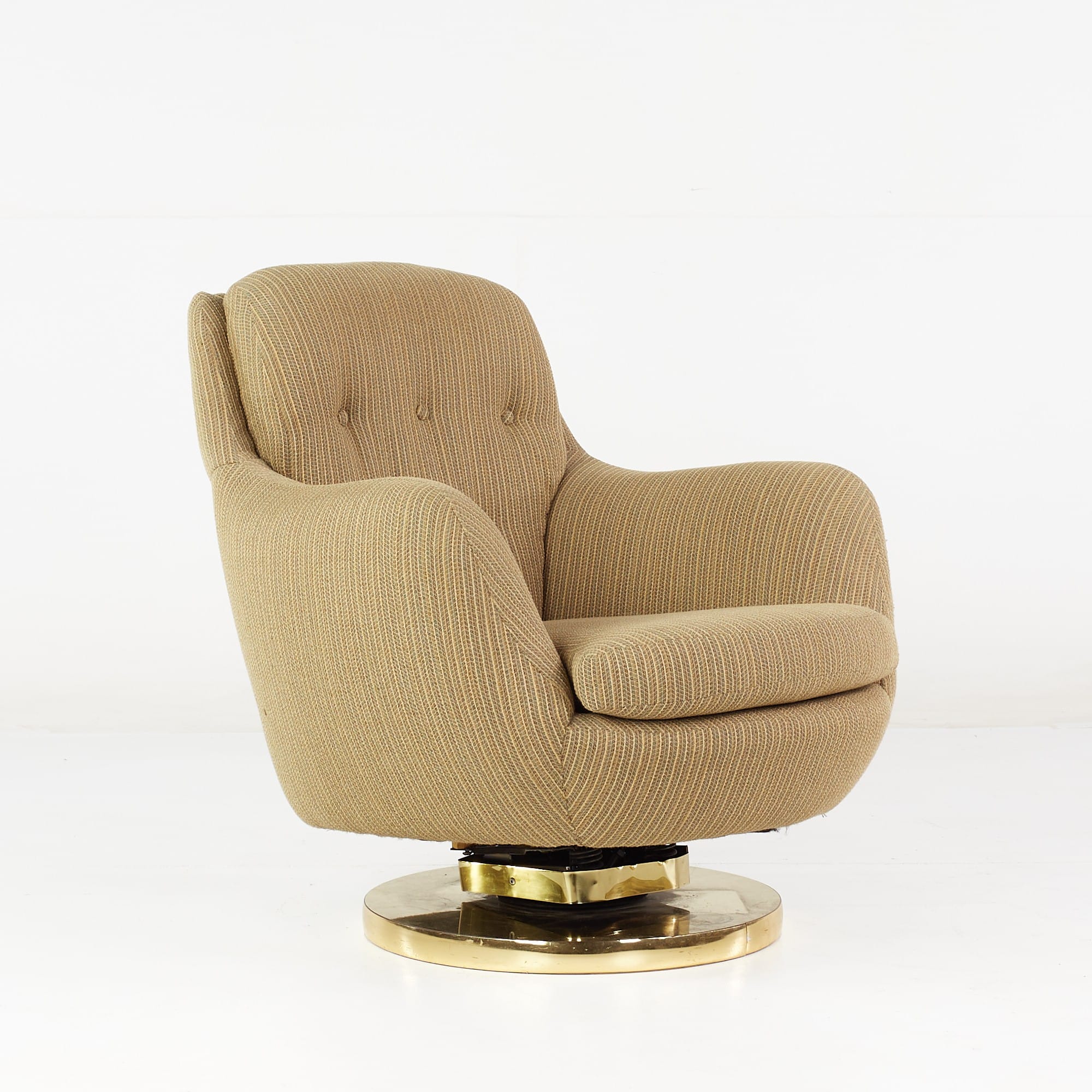 Milo Baughman Style Mid Century Brass Swivel Base Lounge Chair