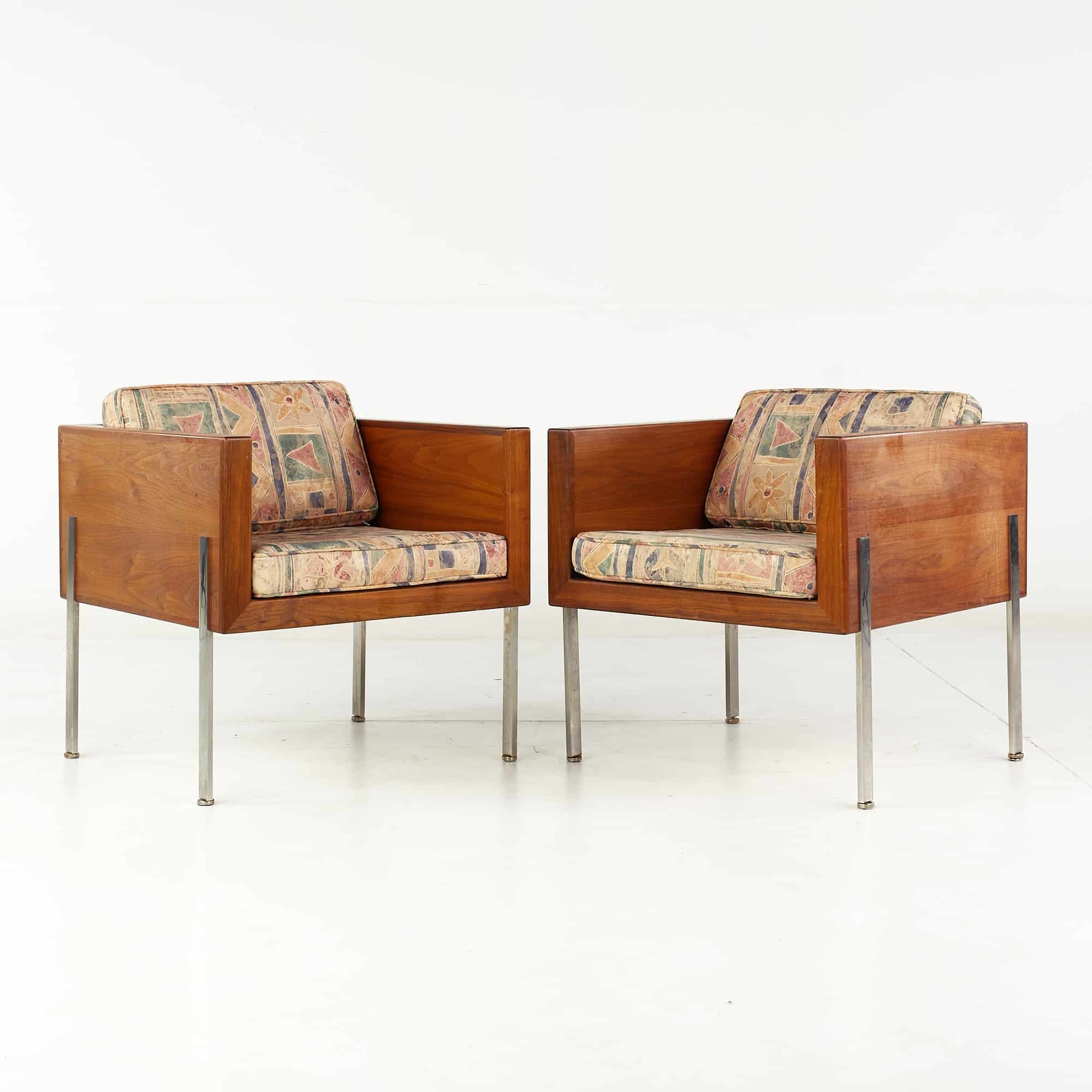 Harvey Probber Mid Century Walnut Case and Chrome Lounge Chairs - Pair