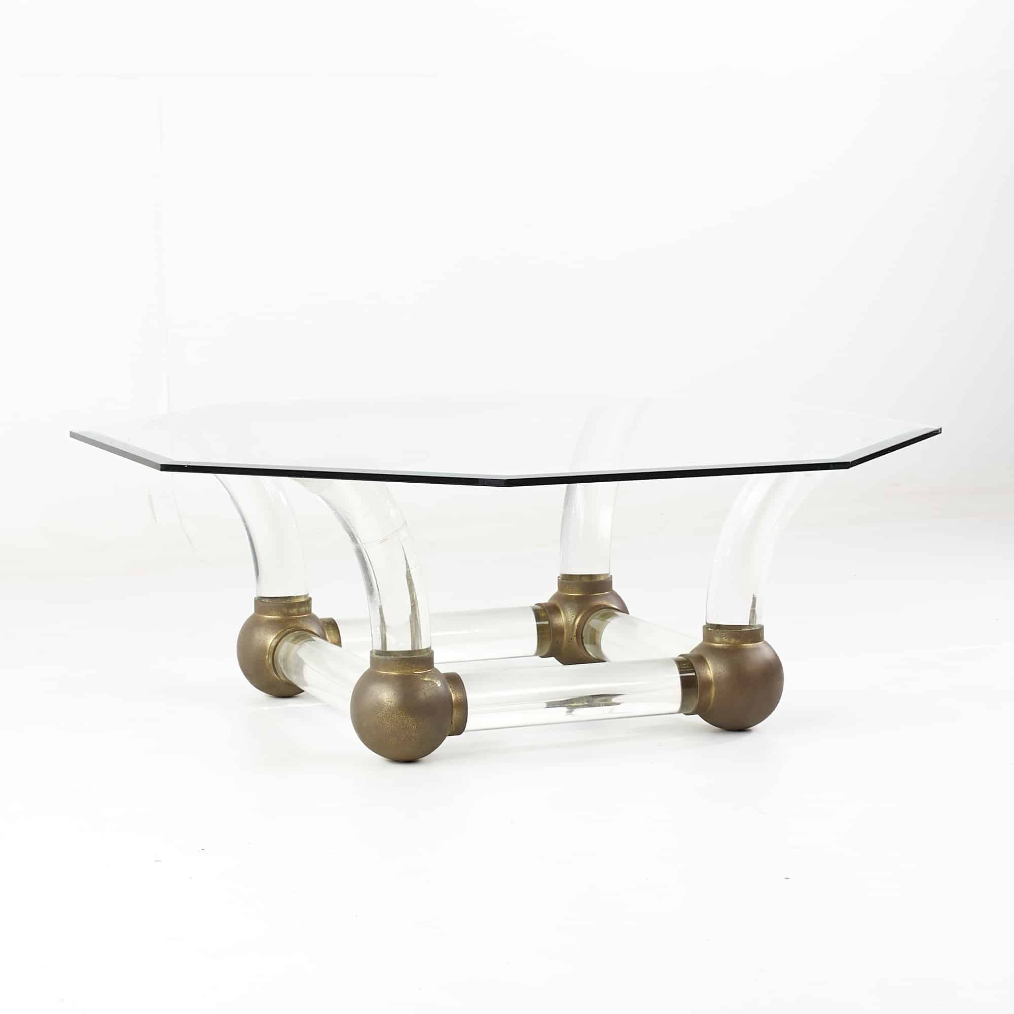 Mid Century Lucite and Brass Tusk Coffee Table