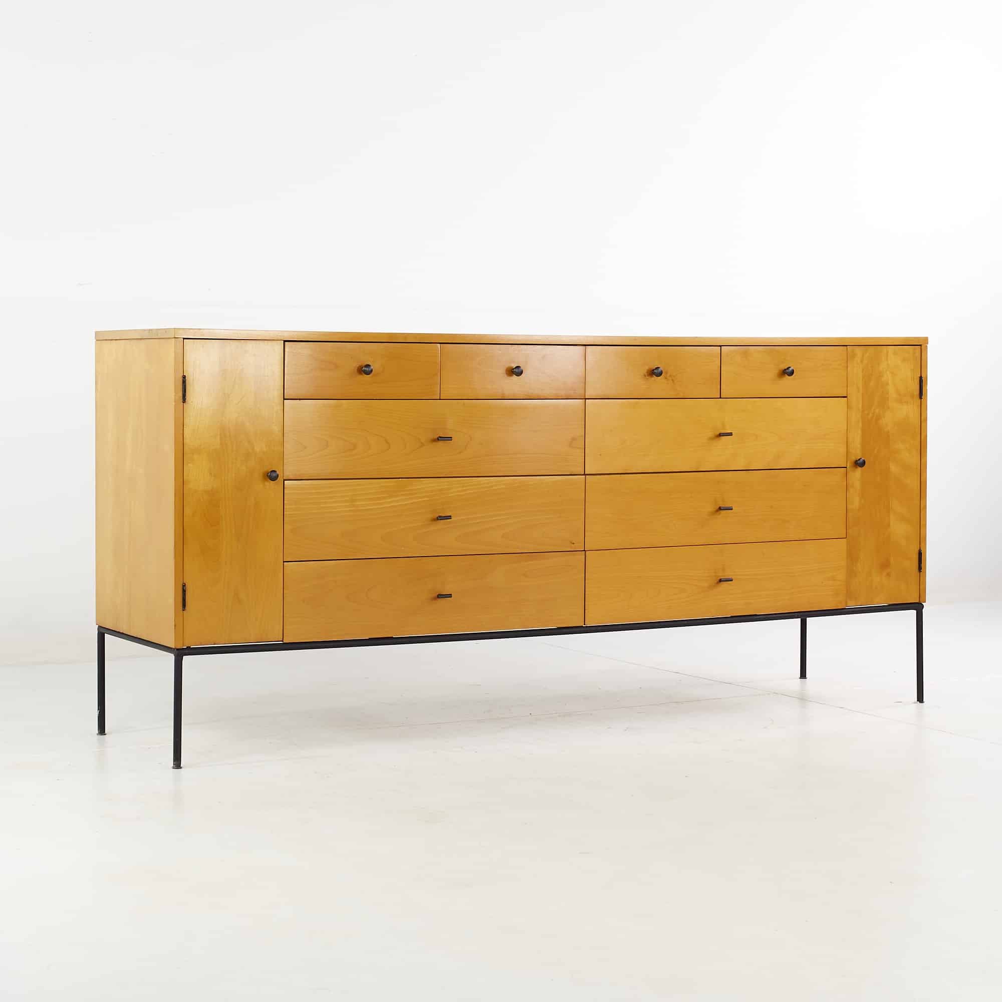 Paul Mccobb for Planner Group Mid Century 20 Drawer Lowboy Dresser with Iron Legs and T Pulls