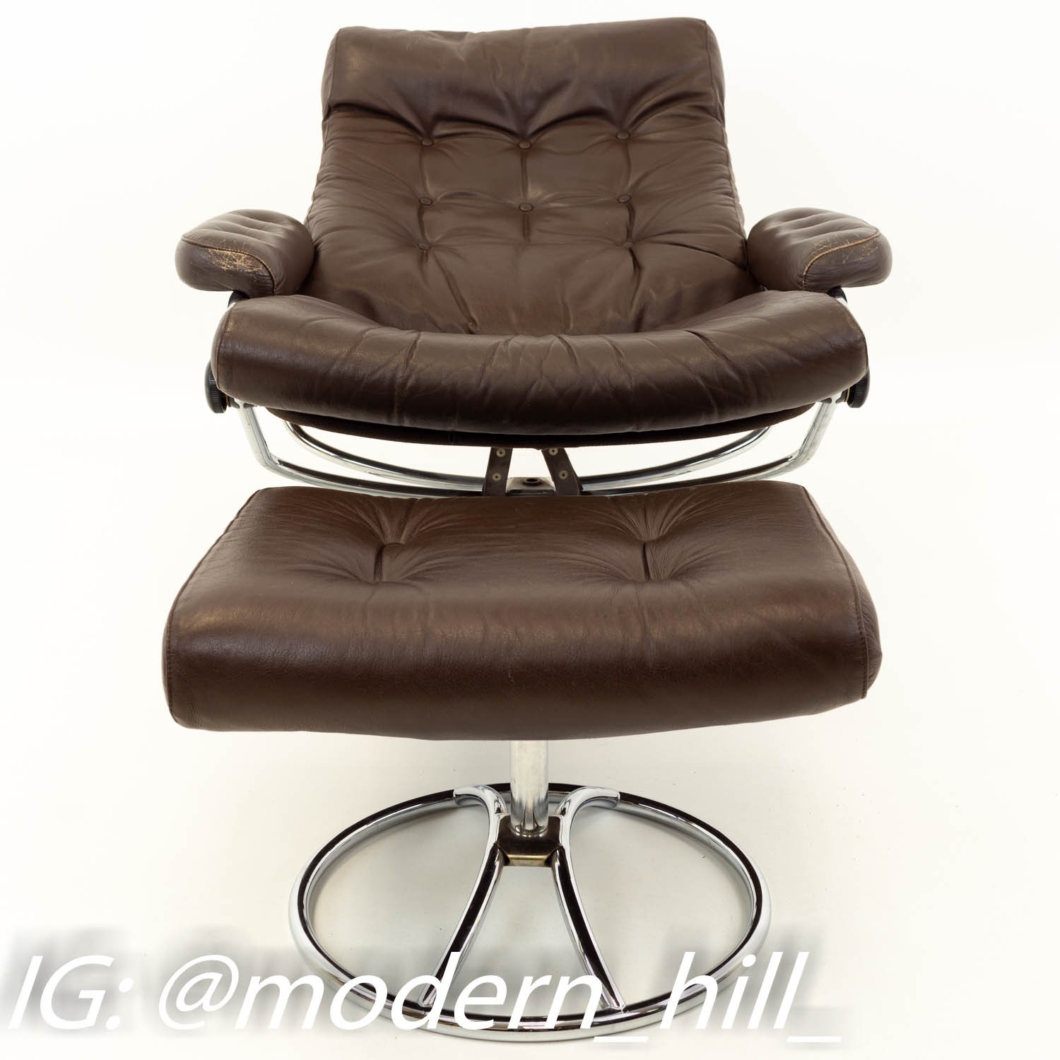 Ekornes Stressless Reclining Swivel Brown Leather Mid Century Modern Lounge Chair & Ottoman