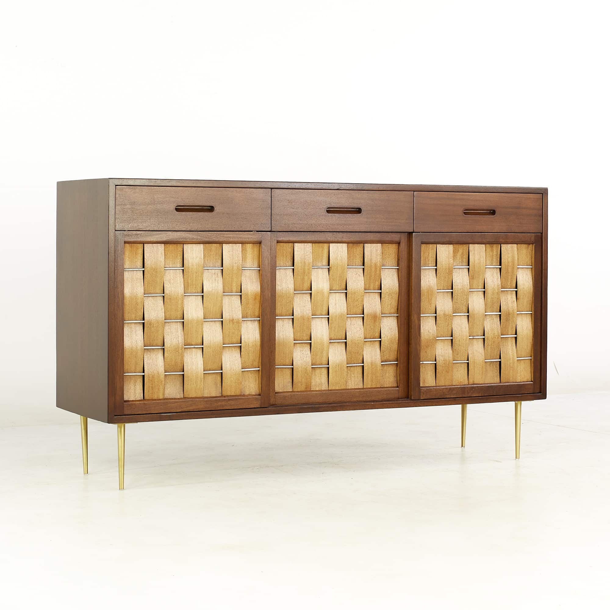 Edward Wormley for Dunbar Mid Century Brass and Mahogany Woven Front Credenza