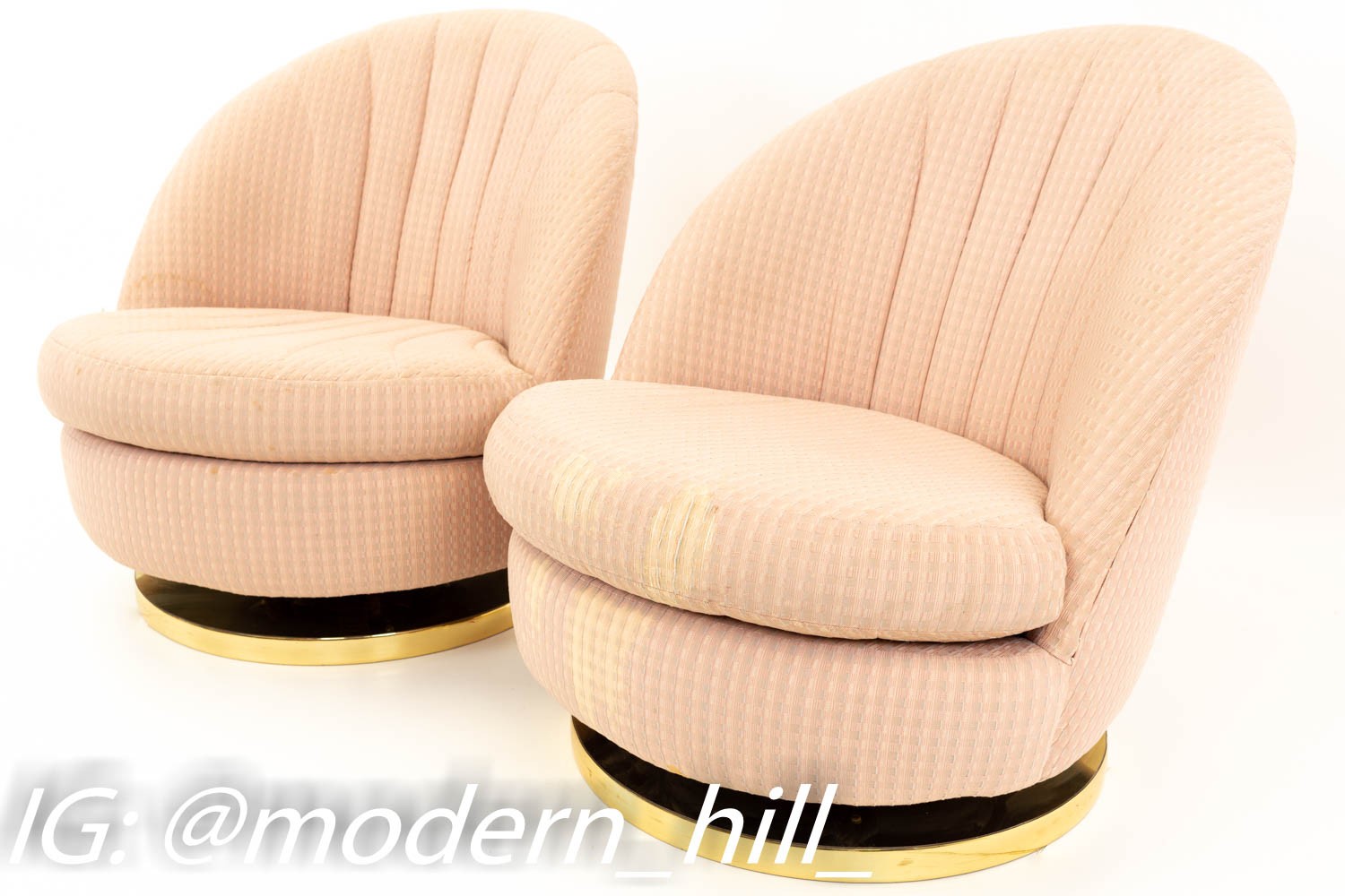 Milo Baughman Brass Base Mid Century Swivel Barrel Chairs - Matching Pair