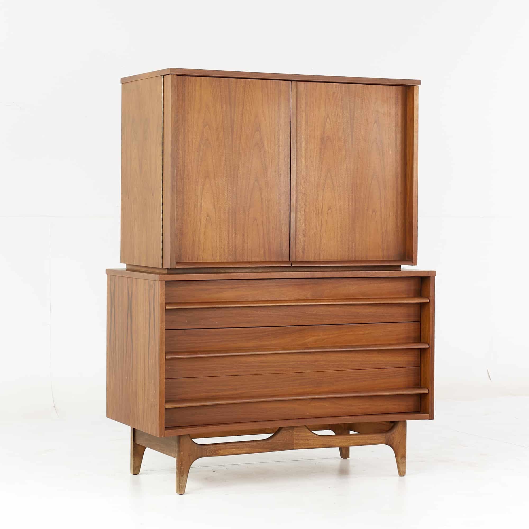 Young Manufacturing Mid Century Walnut Curved Front Highboy Dresser