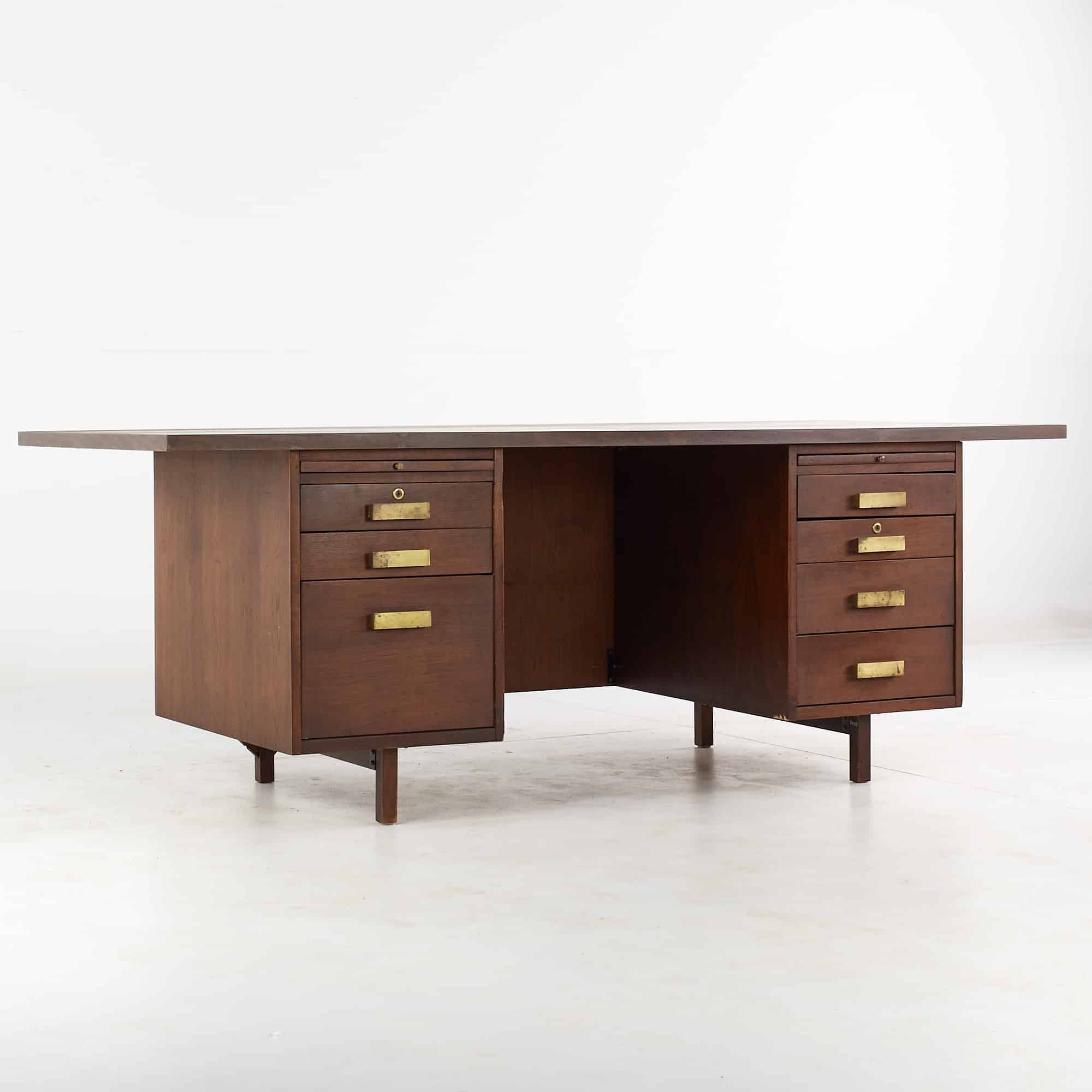 Standard Furniture Style Mid Century Chevron Shaped Walnut Executive Desk