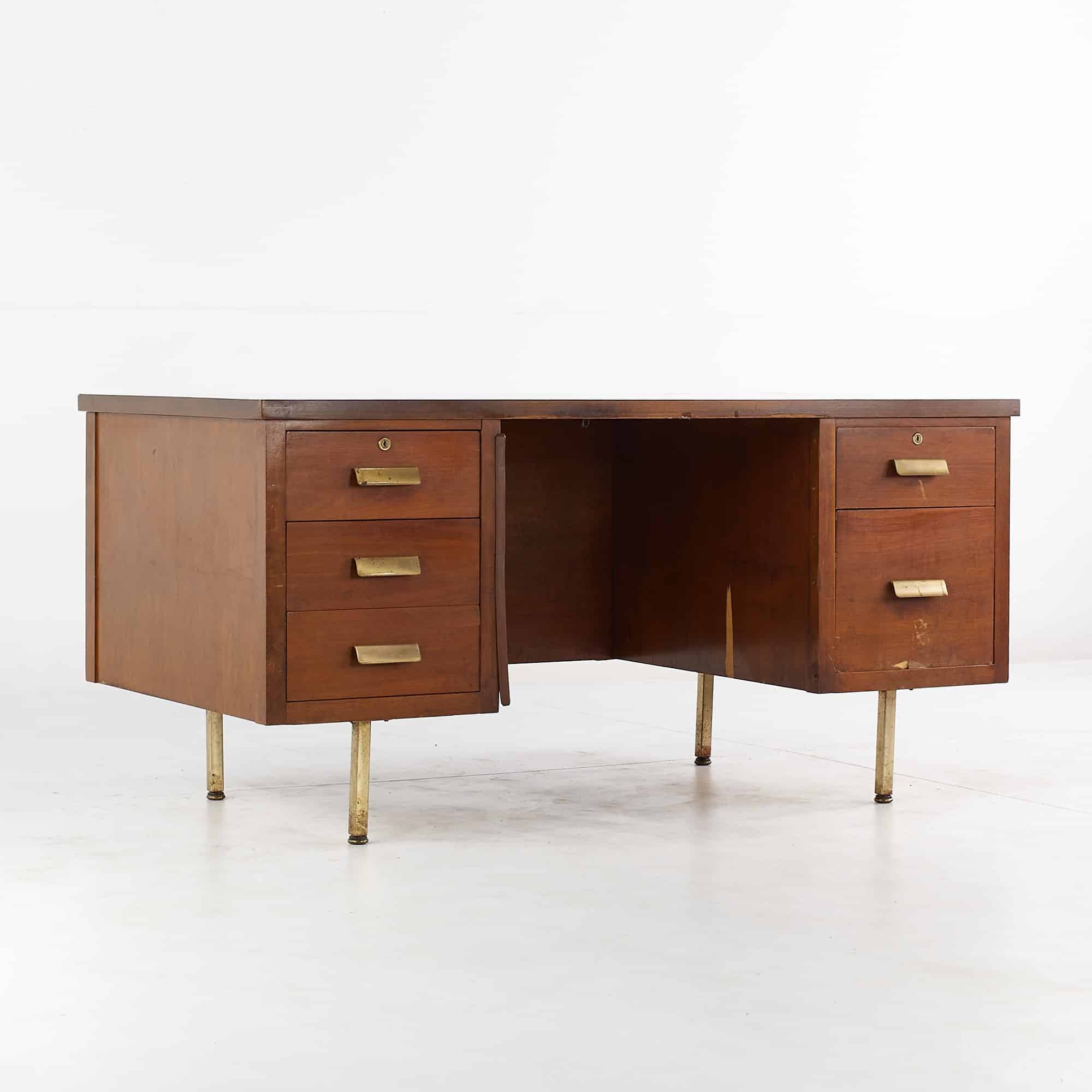 Standard Furniture Style Mid Century Walnut and Brass with Formica Top Executive Desk