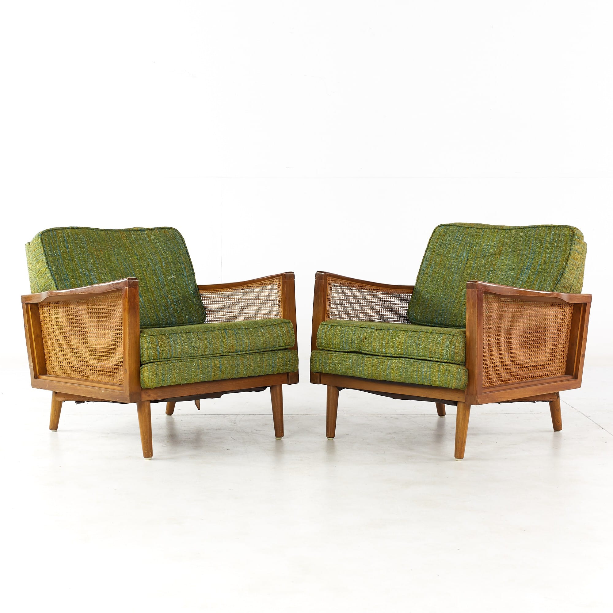 Lawrence Peabody Mid Century Walnut and Cane Lounge Chairs - Pair