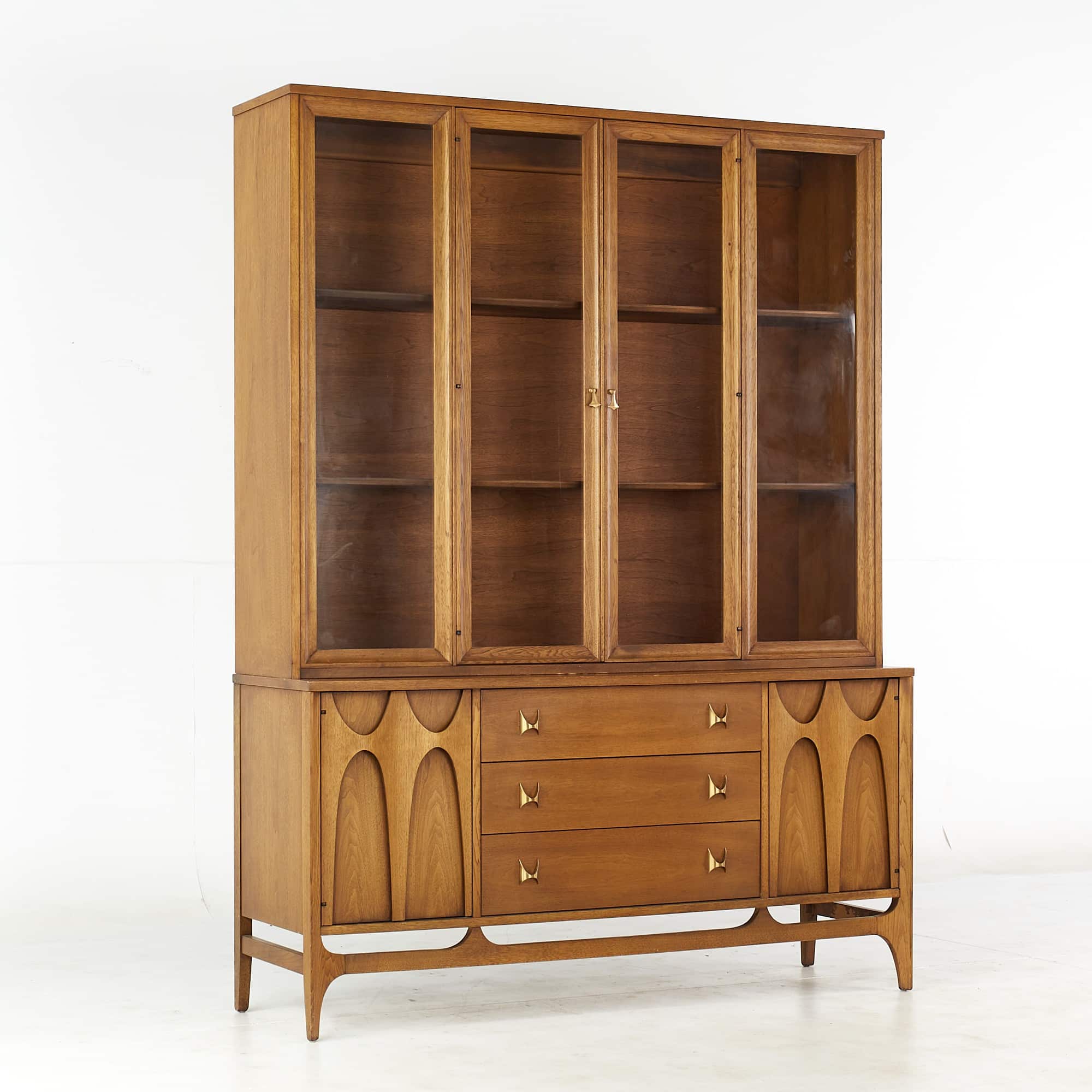 Broyhill Brasilia Mid Century Walnut and Brass Buffet and Hutch