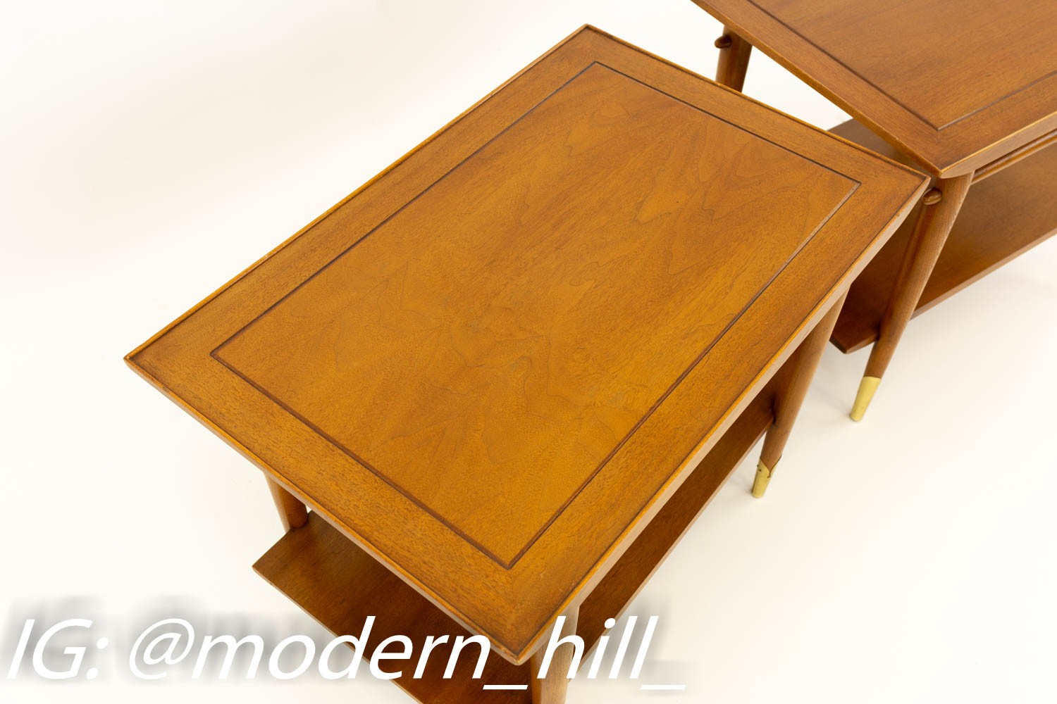 Lane Alta Vista Walnut and Brass Mid Century Modern Side End Tables - Matching Pair