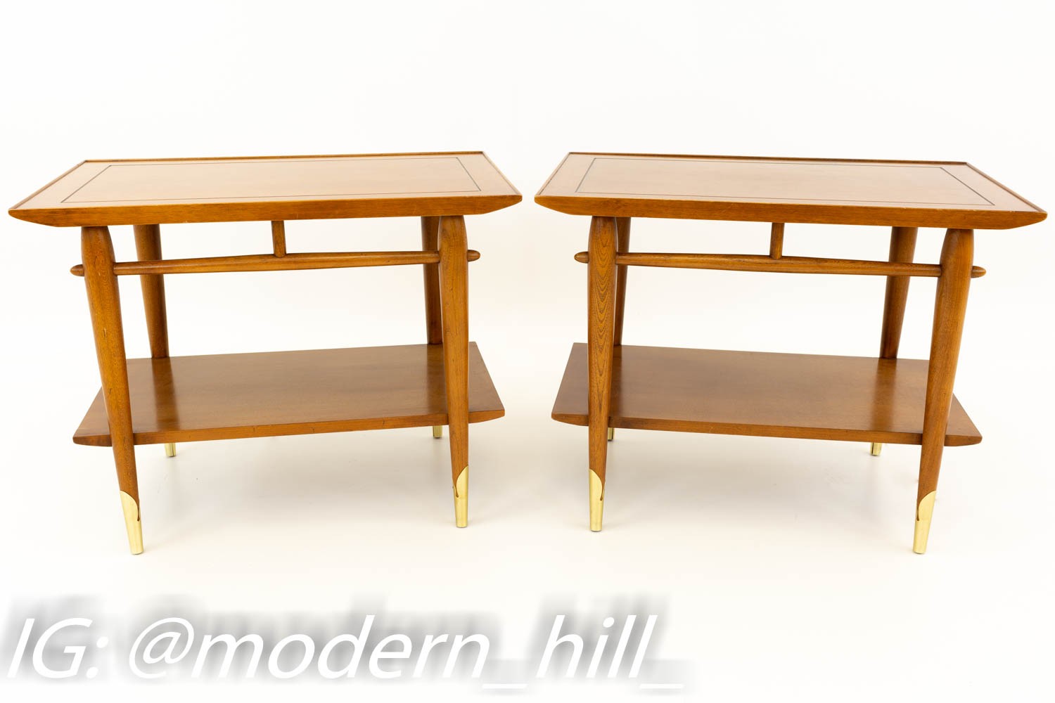 Lane Alta Vista Walnut and Brass Mid Century Modern Side End Tables - Matching Pair