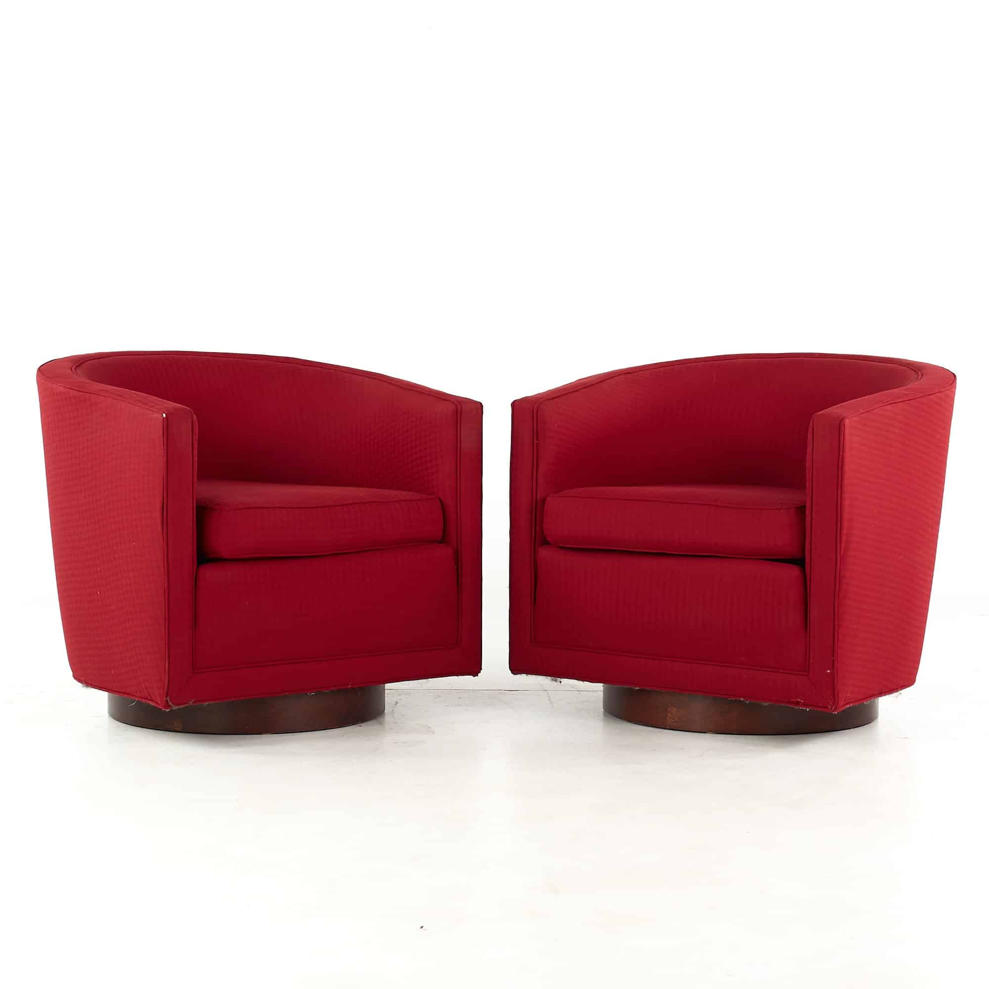 Edward Wormley for Dunbar Mid Century Walnut Base Swivel Lounge Chairs - Pair