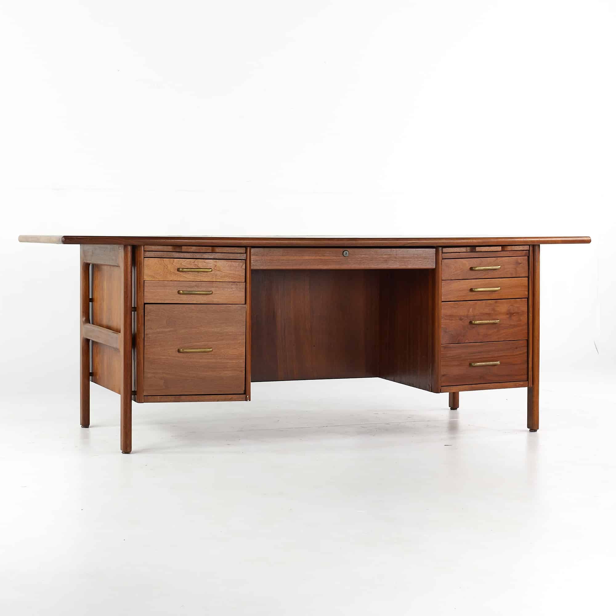 Jens Risom Style Mid Century Walnut Executive Desk with Metal Drawer Pulls