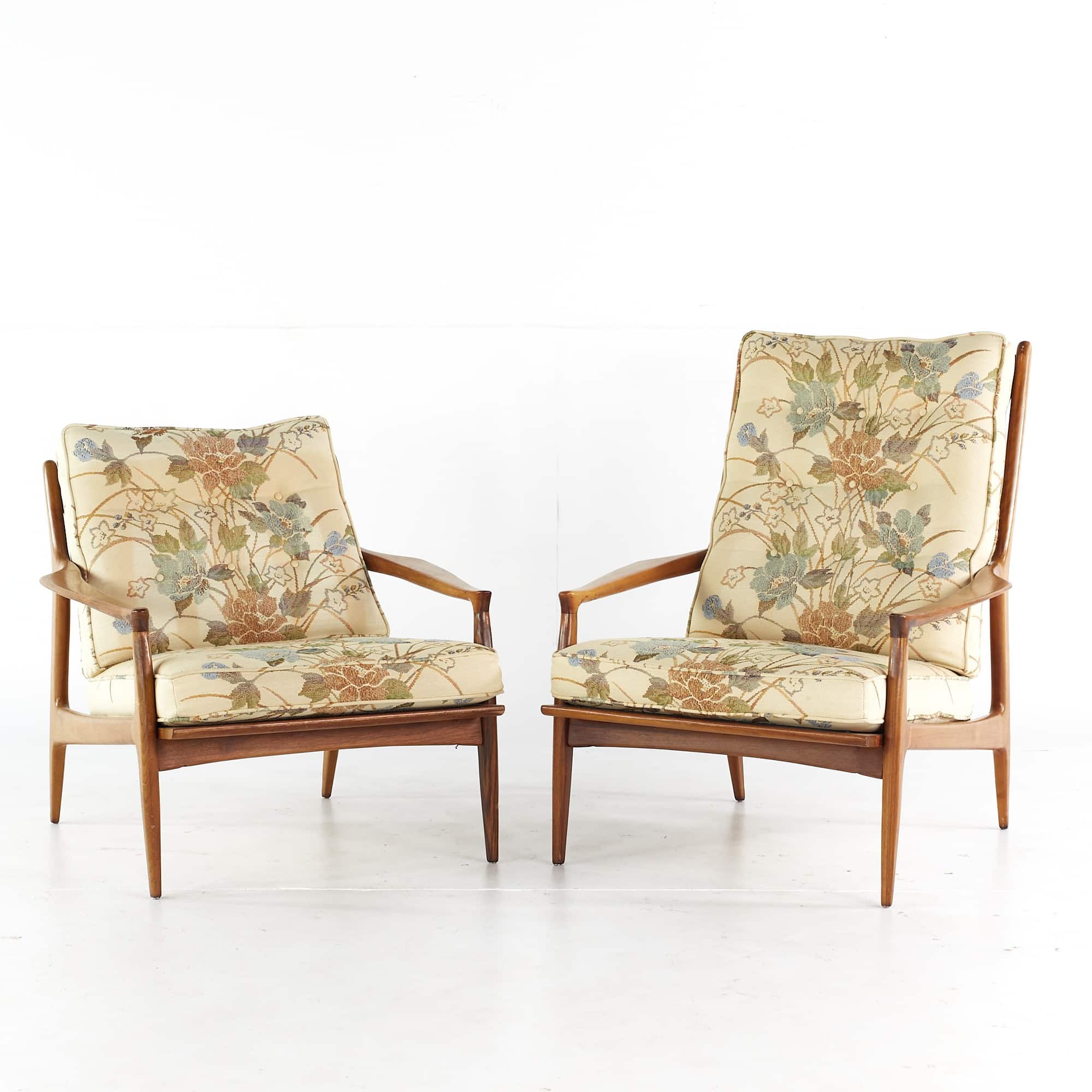 Milo Baughman for Thayer Coggin Mid Century His and Hers Archie Walnut Lounge Chairs - Pair