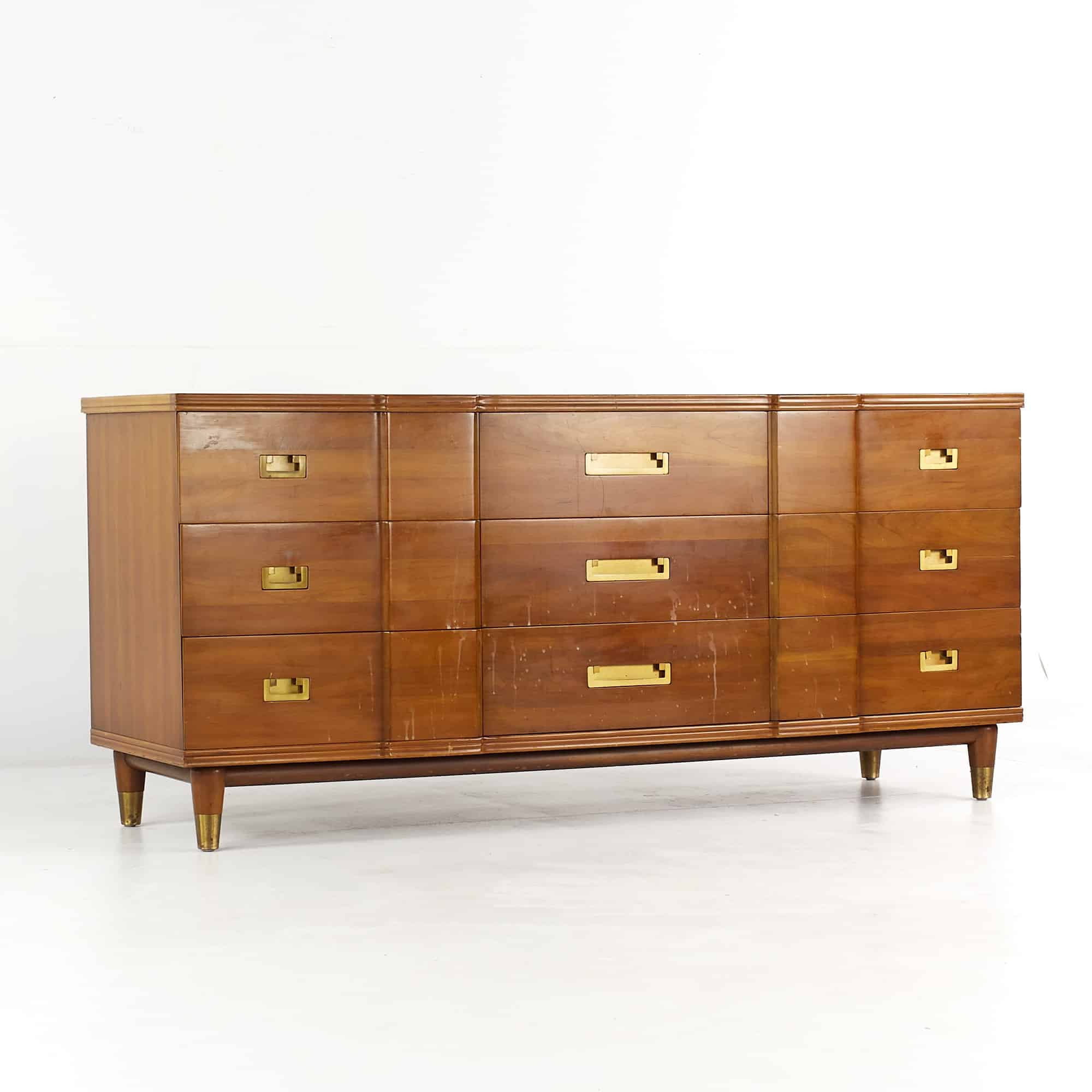 John Widdicomb Mid Century Walnut and Brass 9 Drawer Lowboy Dresser