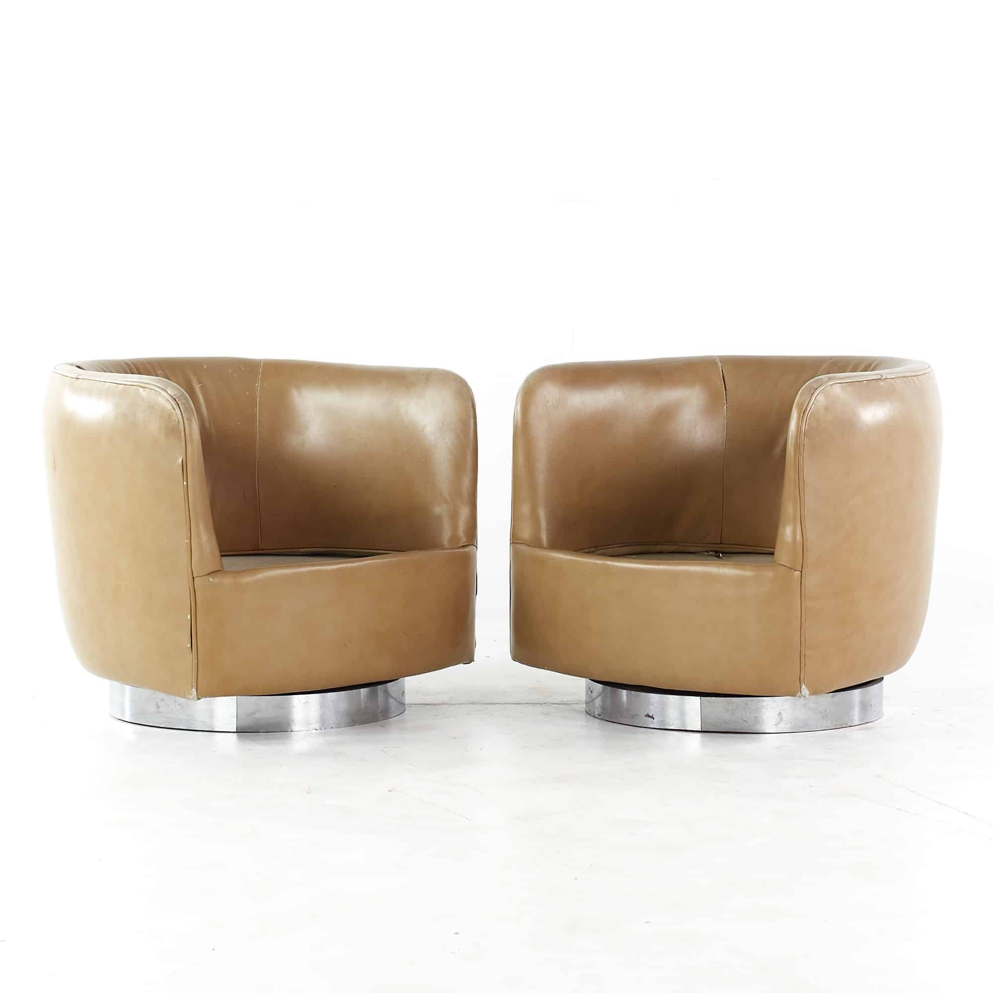 Milo Baughman for Thayer Coggin Mid Century Tilting Chrome Base Barrel Swivel Lounge Chairs - Pair