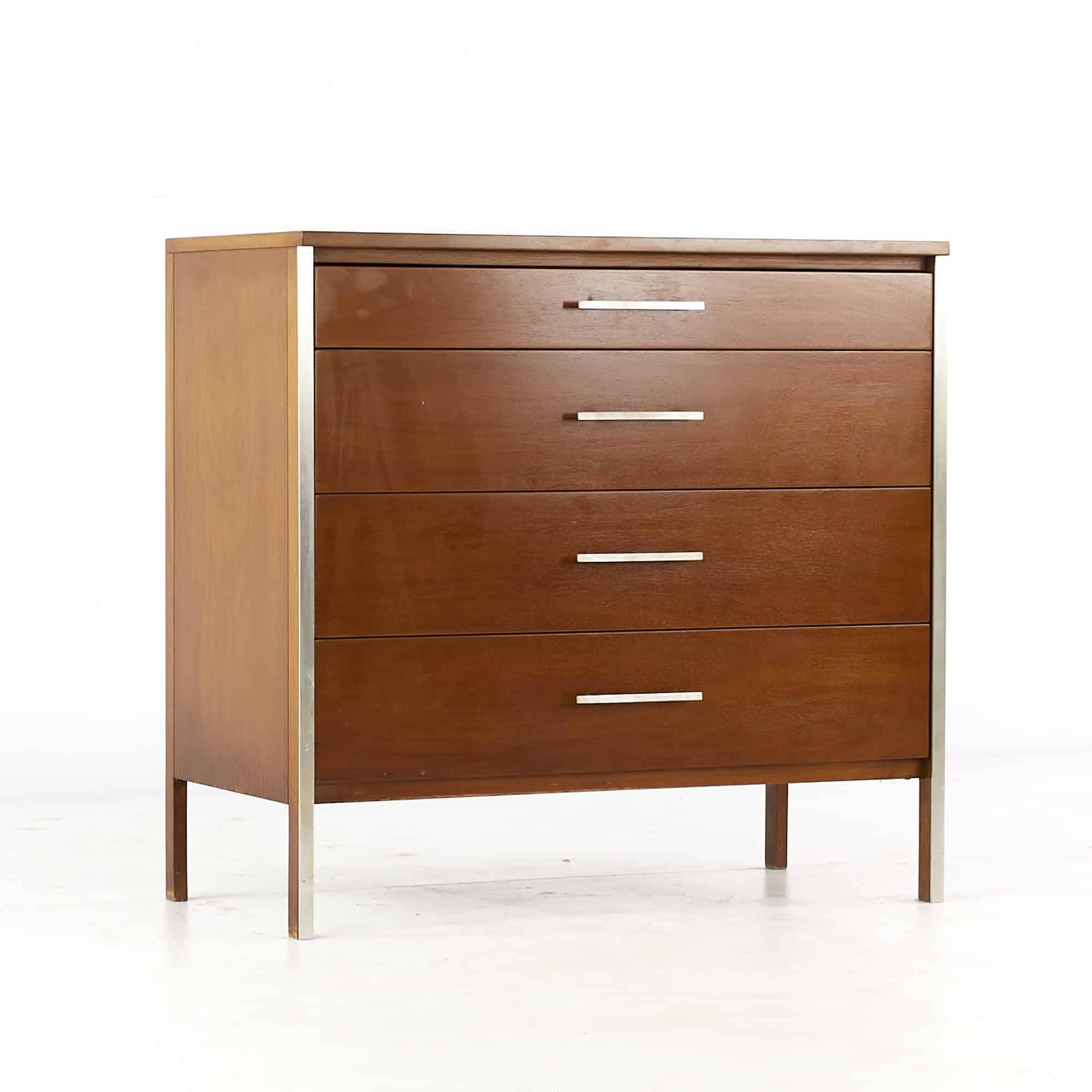 Paul Mccobb for Calvin Linear Mid Century Walnut and Stainless Steel 4 Drawer Chest of Drawers Dresser