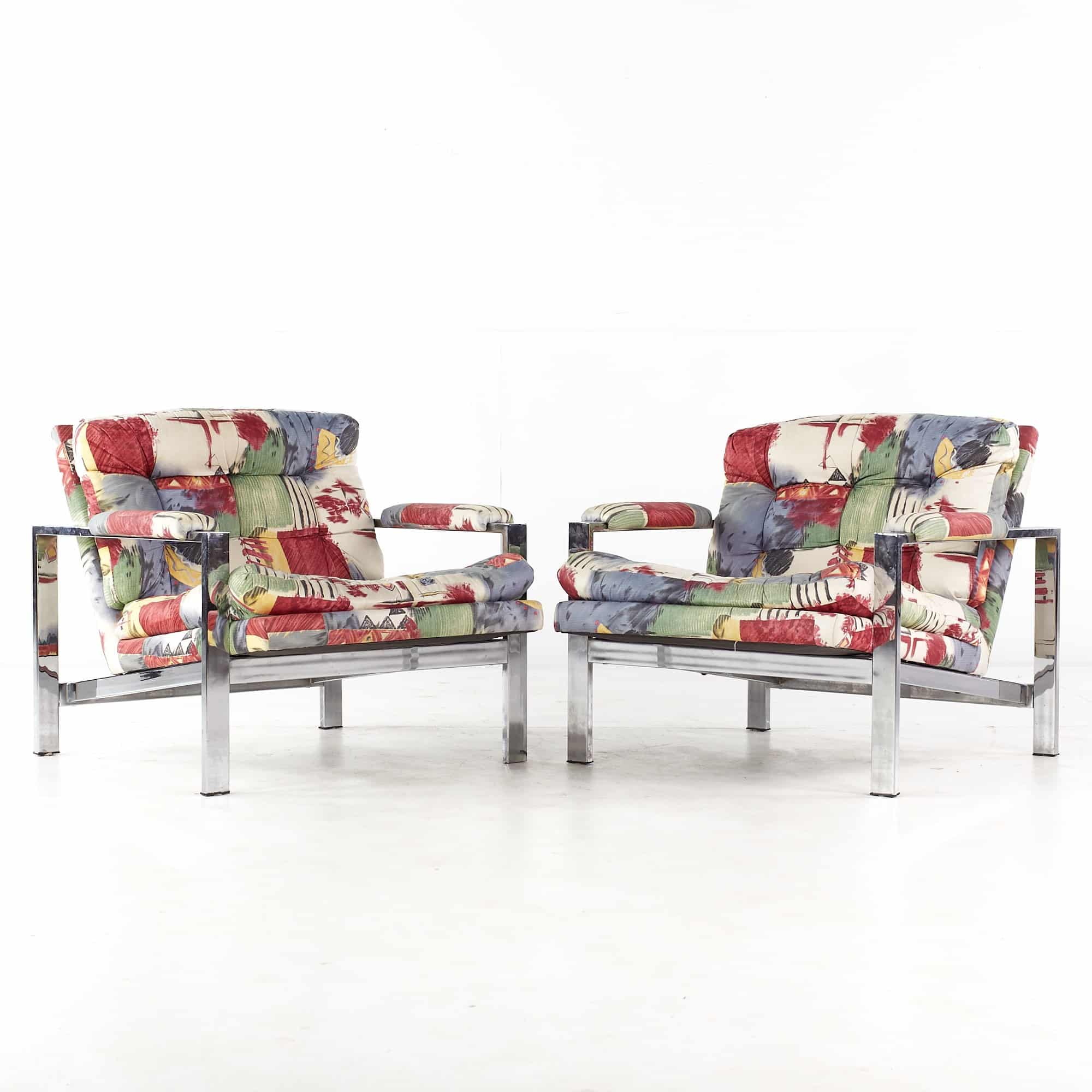 Milo Baughman Style Mid Century Chrome Flatbar Lounge Chairs - Pair