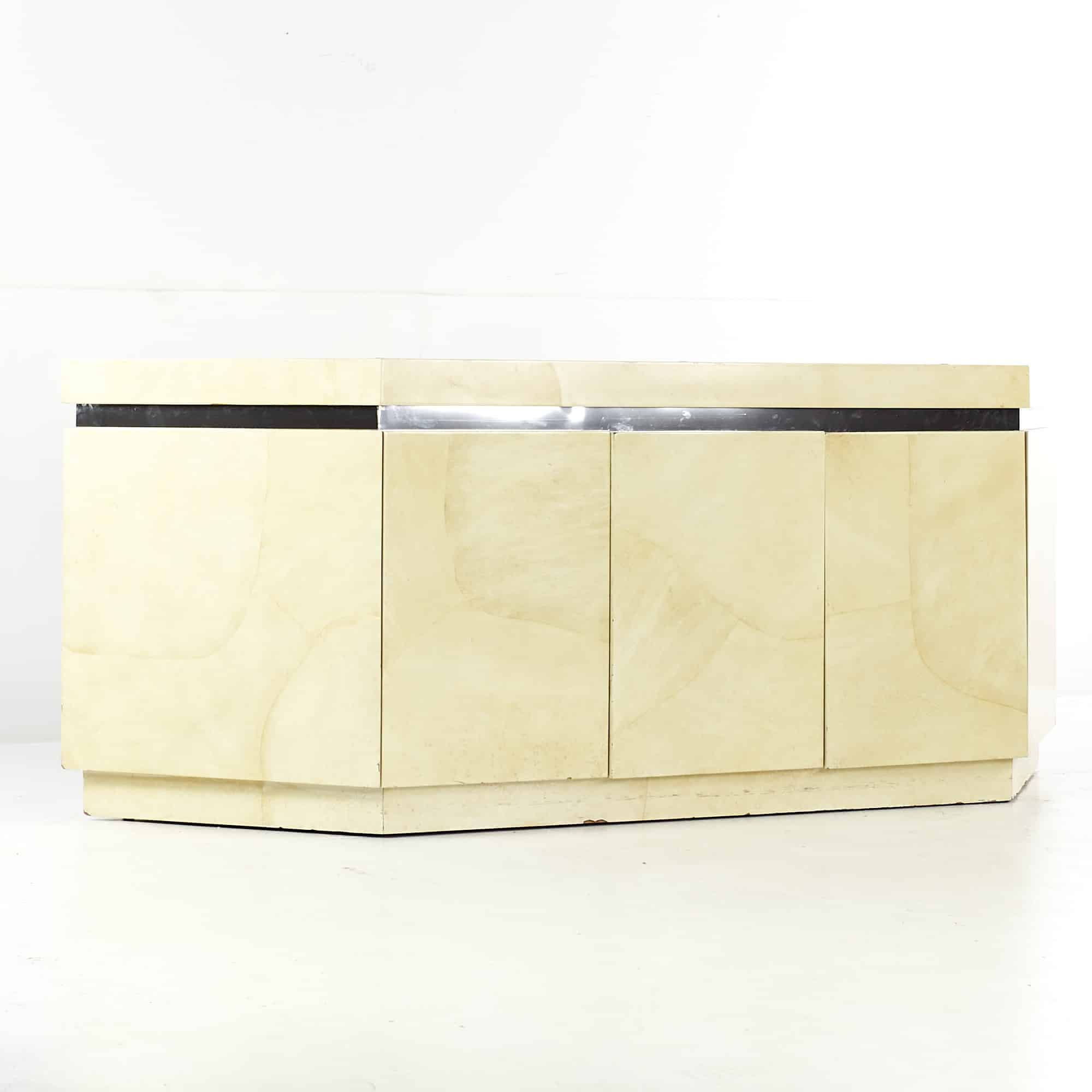 Karl Springer Style Mid Century Lacquered Goatskin and Chrome Credenza