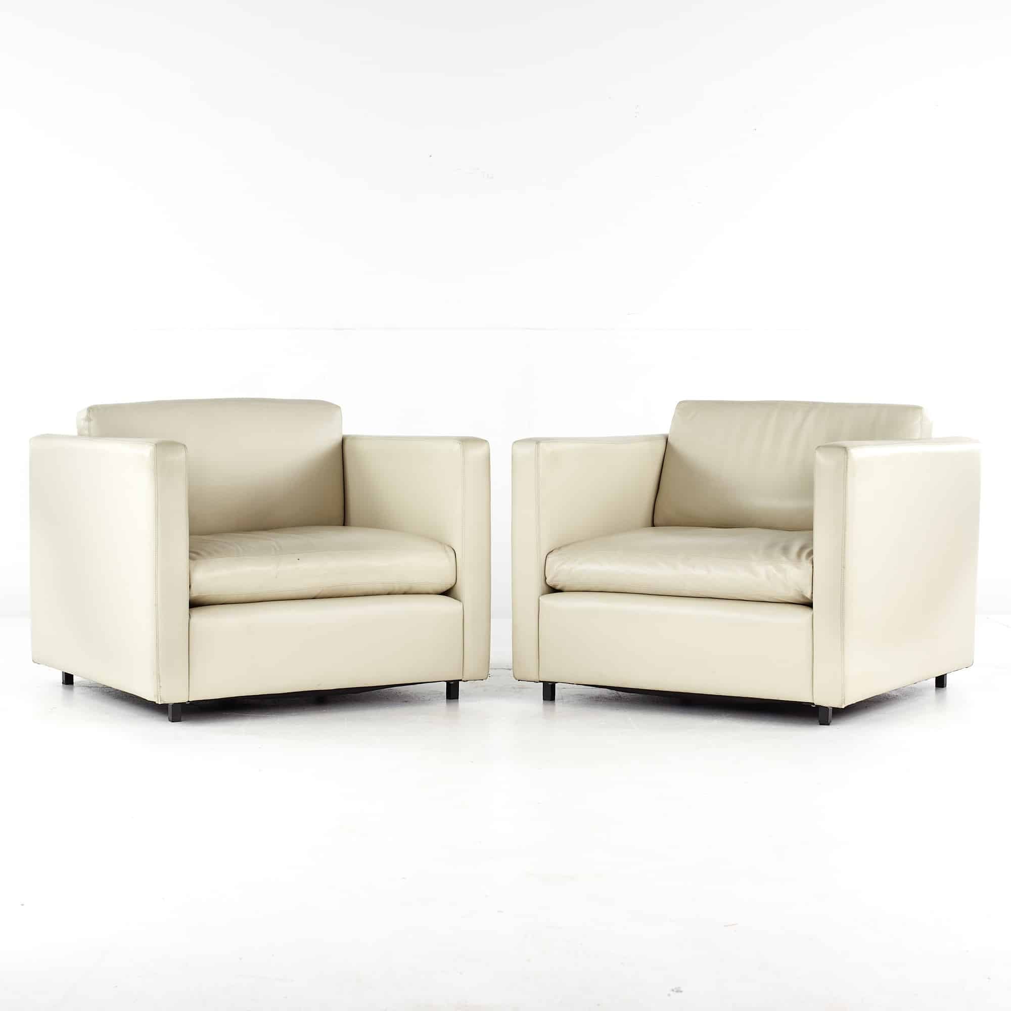 Charles Pfister for Knoll Mid Century White Leather Lounge Chairs - Pair