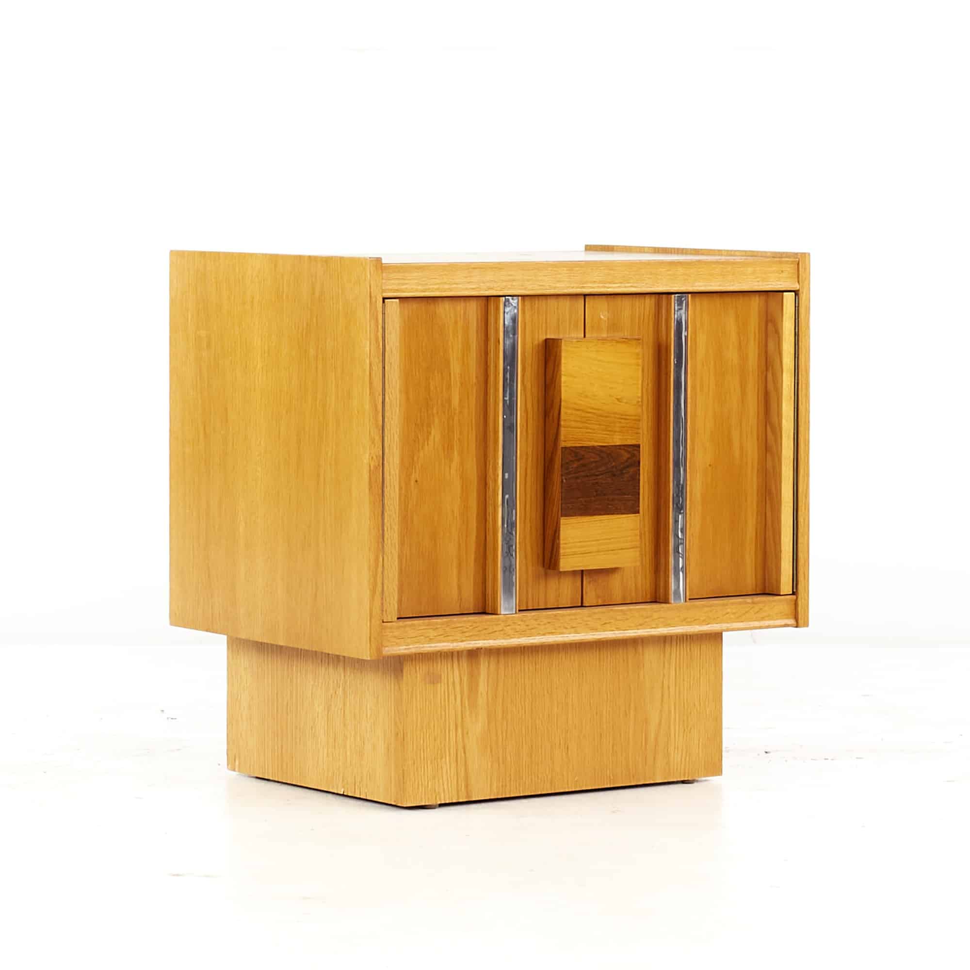 Mid Century Canadian Brutalist Oak Rosewood and Chrome Nightstand