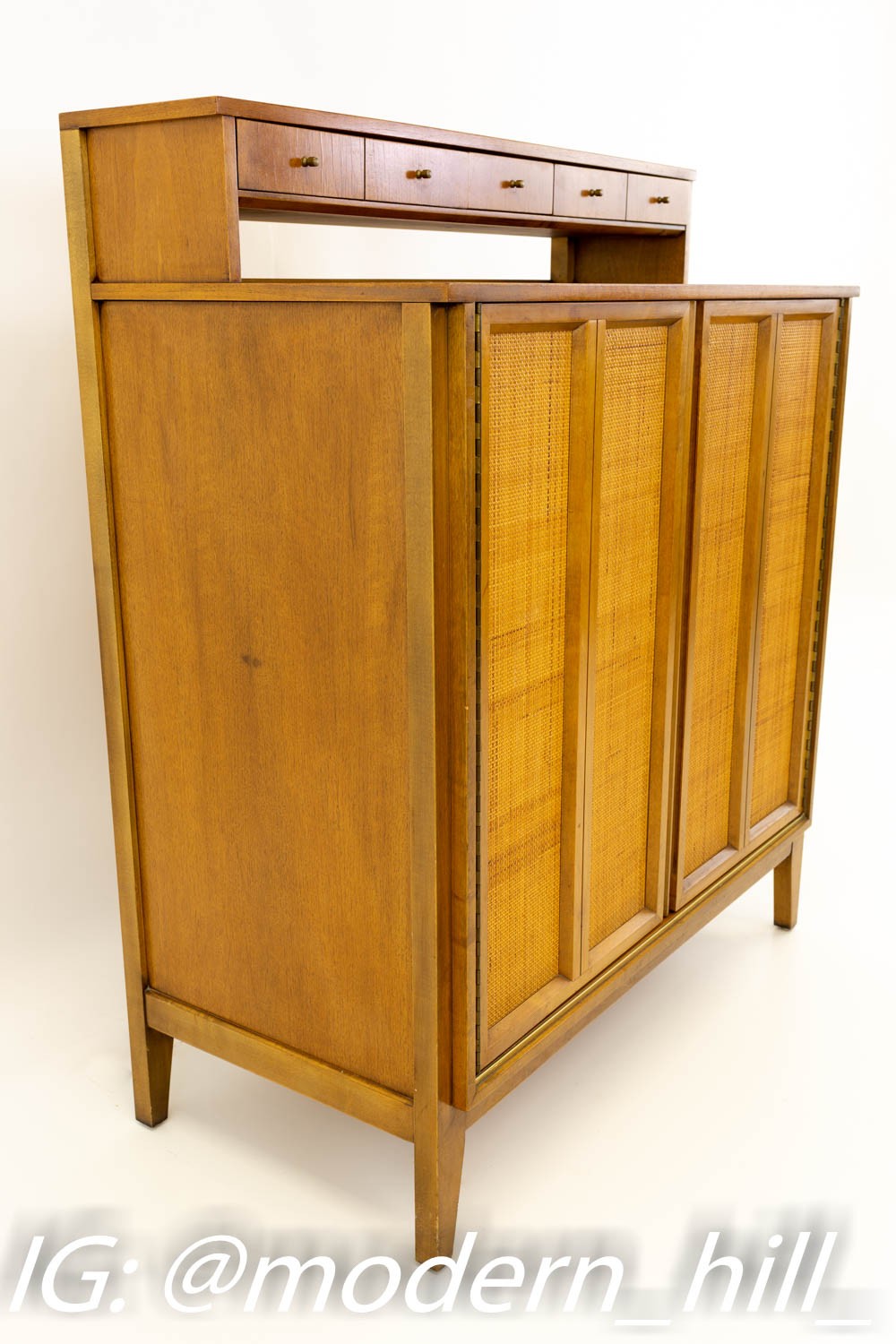 Paul McCobb Style Mid Century Caned and Walnut Highboy Dresser from West Michigan Furniture Company