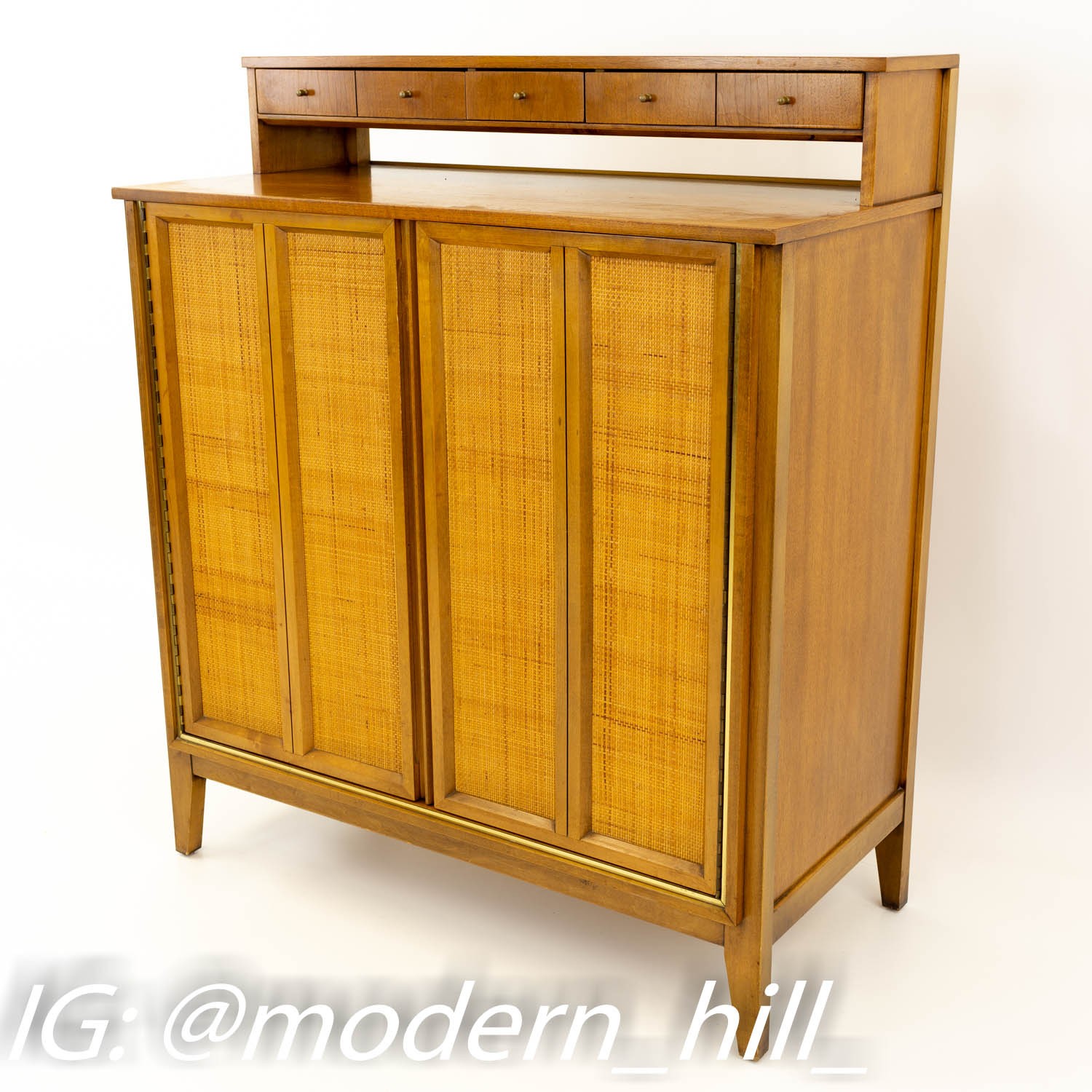 Paul McCobb Style Mid Century Caned and Walnut Highboy Dresser from West Michigan Furniture Company