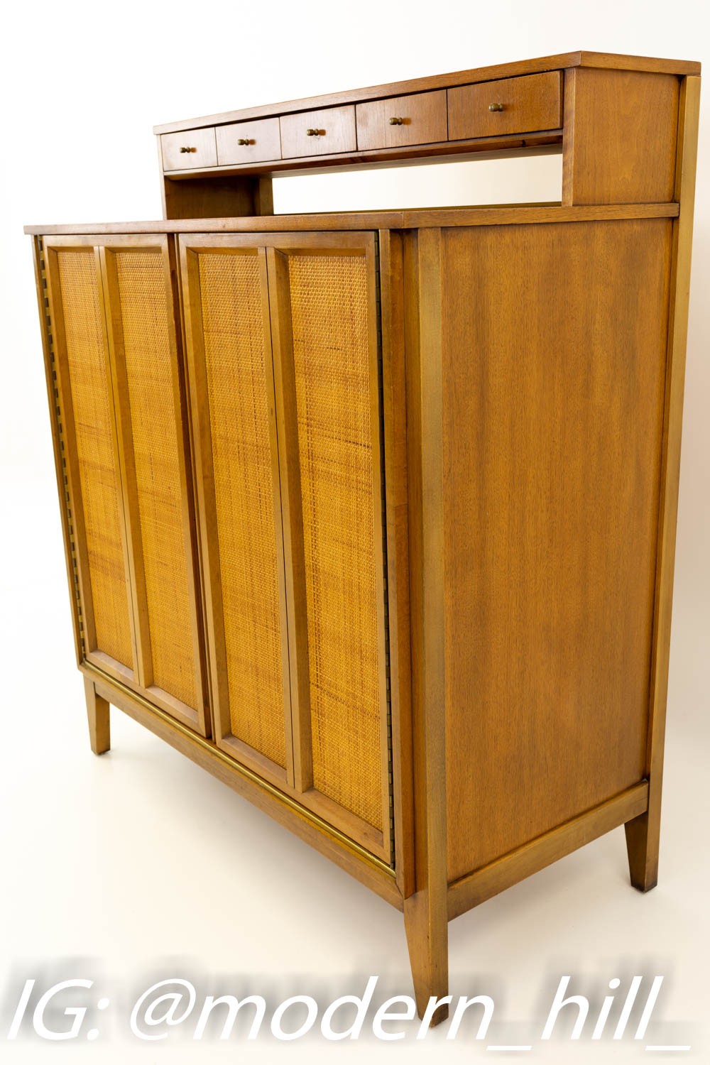 Paul McCobb Style Mid Century Caned and Walnut Highboy Dresser from West Michigan Furniture Company