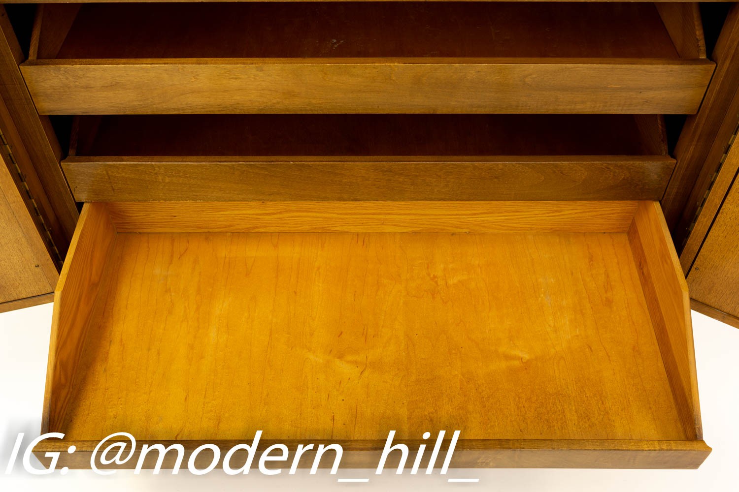 Paul McCobb Style Mid Century Caned and Walnut Highboy Dresser from West Michigan Furniture Company