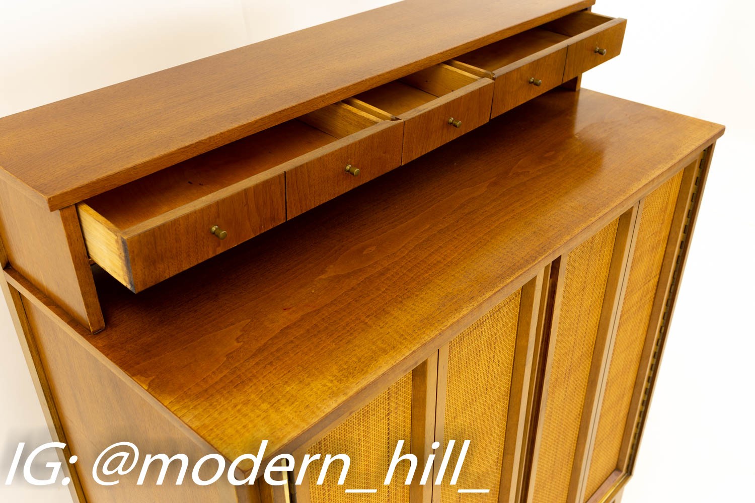 Paul McCobb Style Mid Century Caned and Walnut Highboy Dresser from West Michigan Furniture Company