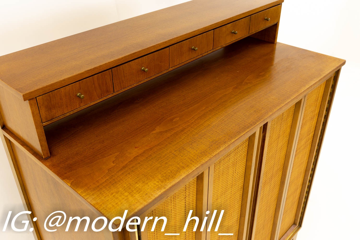 Paul McCobb Style Mid Century Caned and Walnut Highboy Dresser from West Michigan Furniture Company