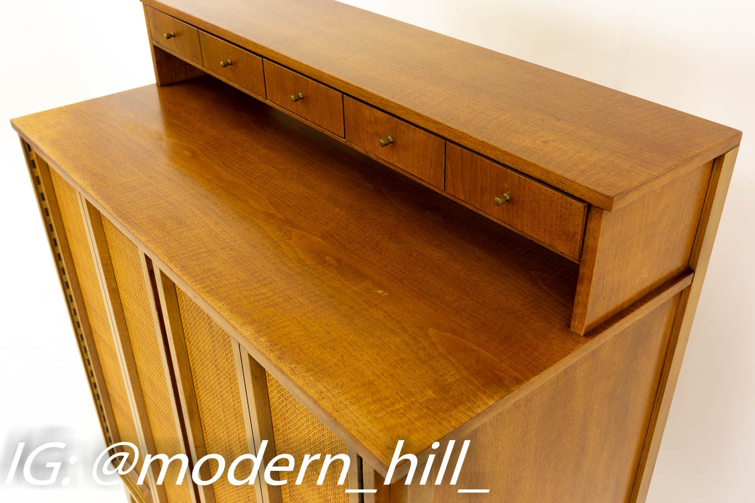 Paul McCobb Style Mid Century Caned and Walnut Highboy Dresser from West Michigan Furniture Company