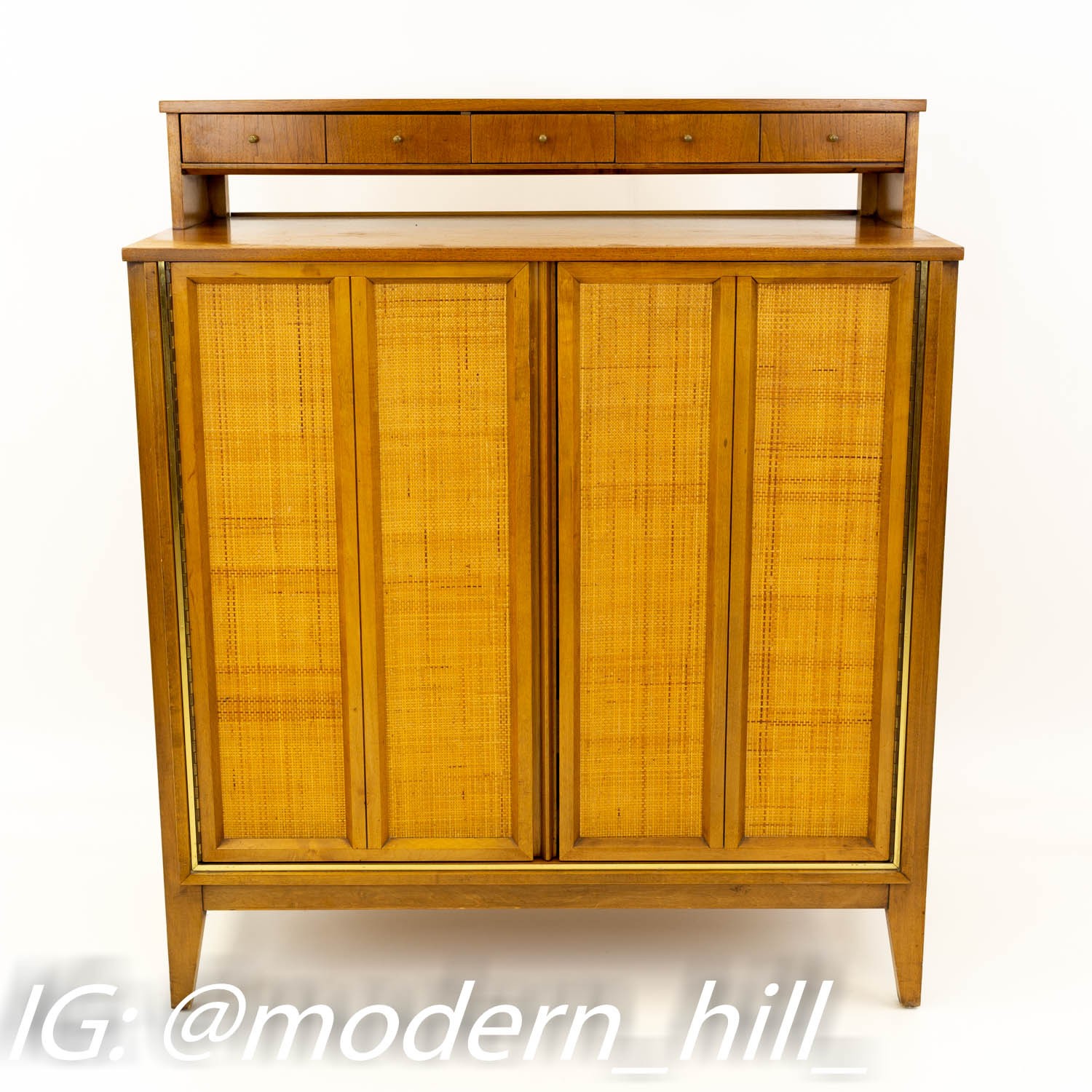 Paul McCobb Style Mid Century Caned and Walnut Highboy Dresser from West Michigan Furniture Company