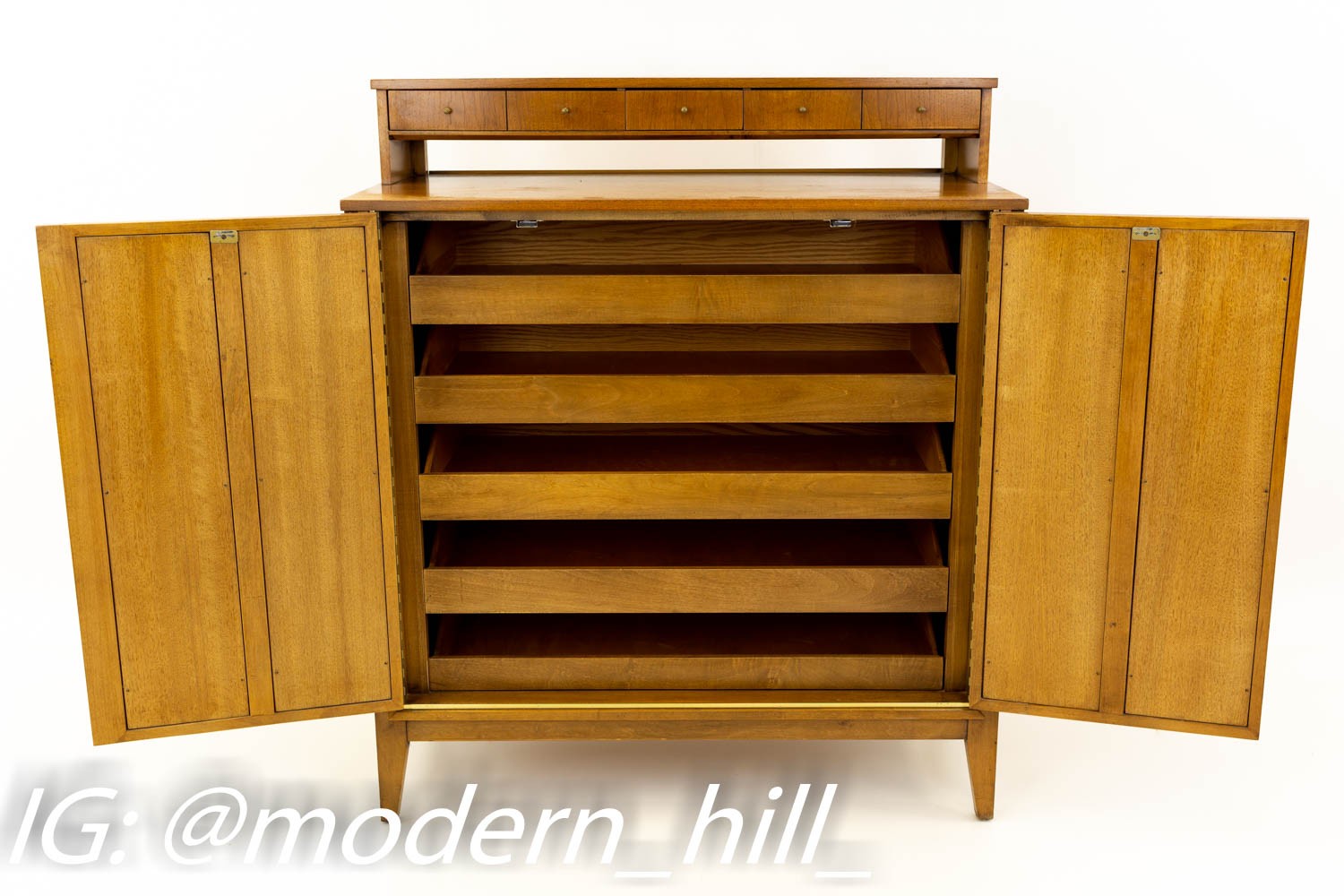 Paul McCobb Style Mid Century Caned and Walnut Highboy Dresser from West Michigan Furniture Company