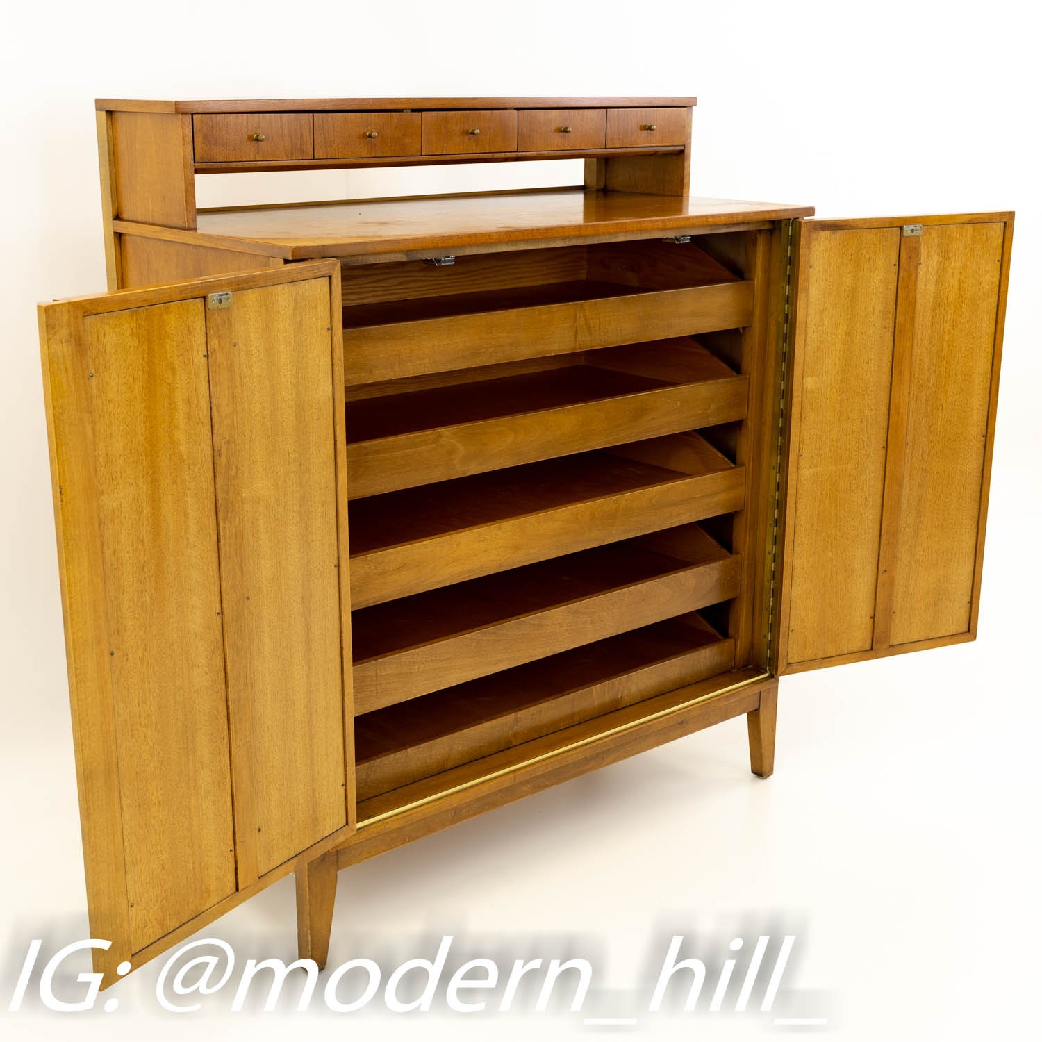 Paul McCobb Style Mid Century Caned and Walnut Highboy Dresser from West Michigan Furniture Company