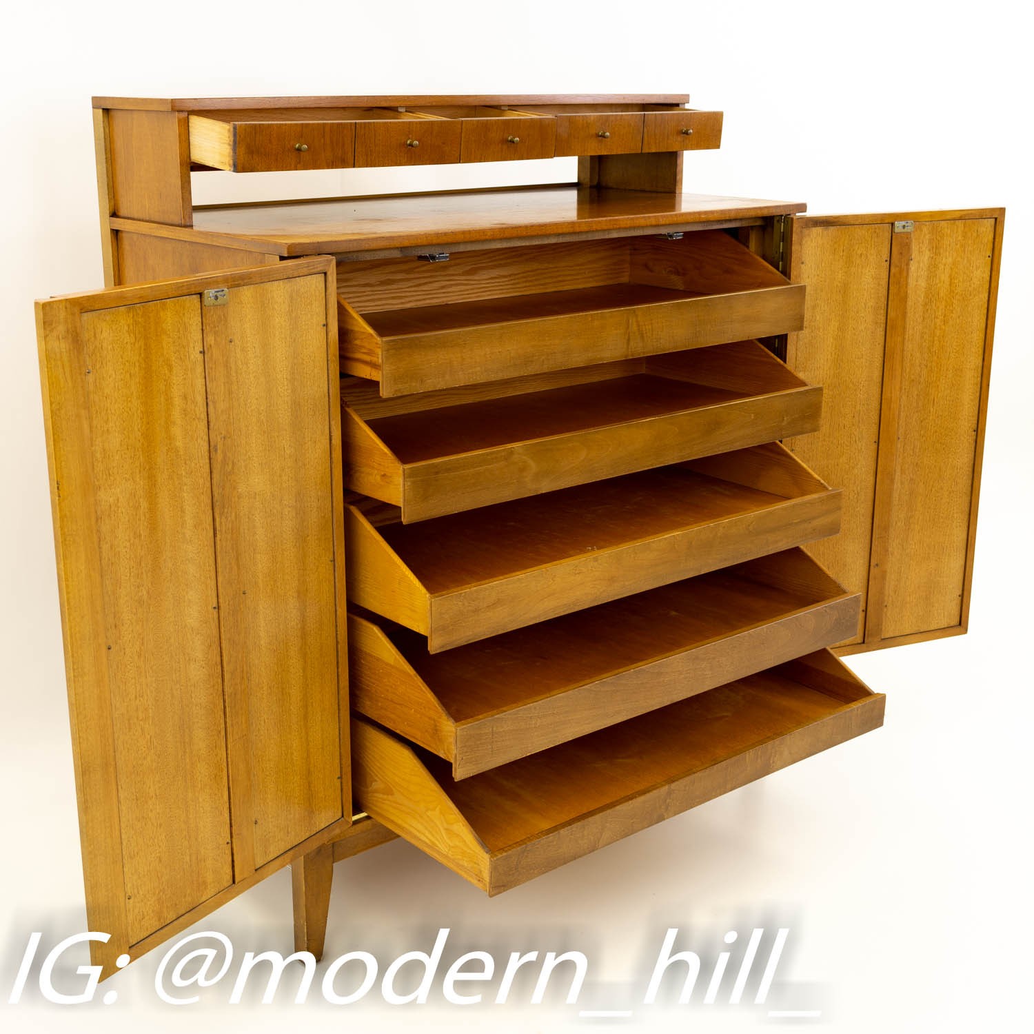 Paul McCobb Style Mid Century Caned and Walnut Highboy Dresser from West Michigan Furniture Company