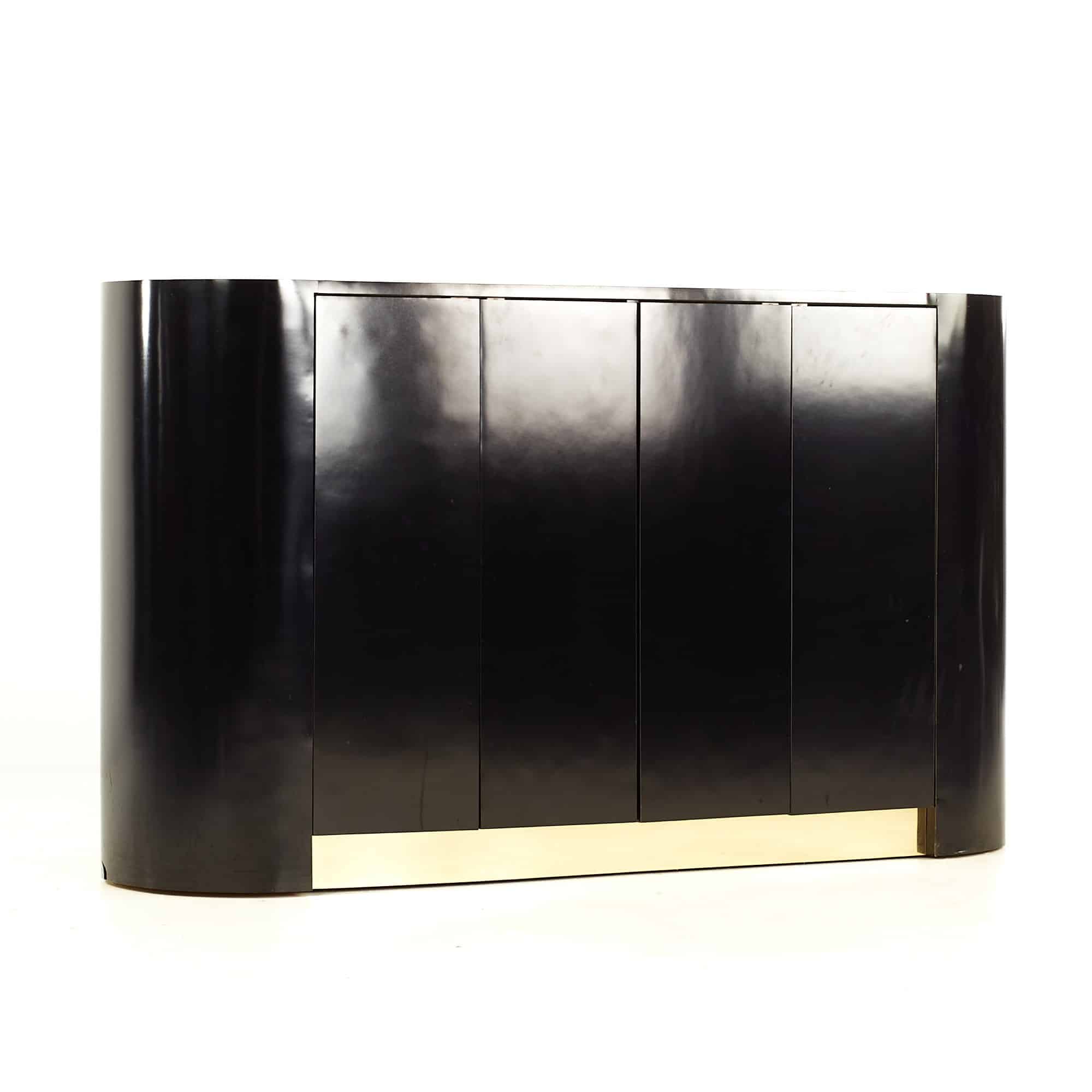 Milo Baughman Style Mid Century Black Lacquer and Brass Credenza
