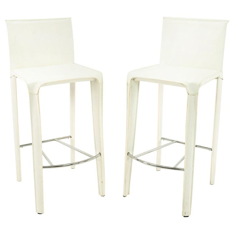 Arper Mid Century White Leather Stools Pair Modern Hill Furniture