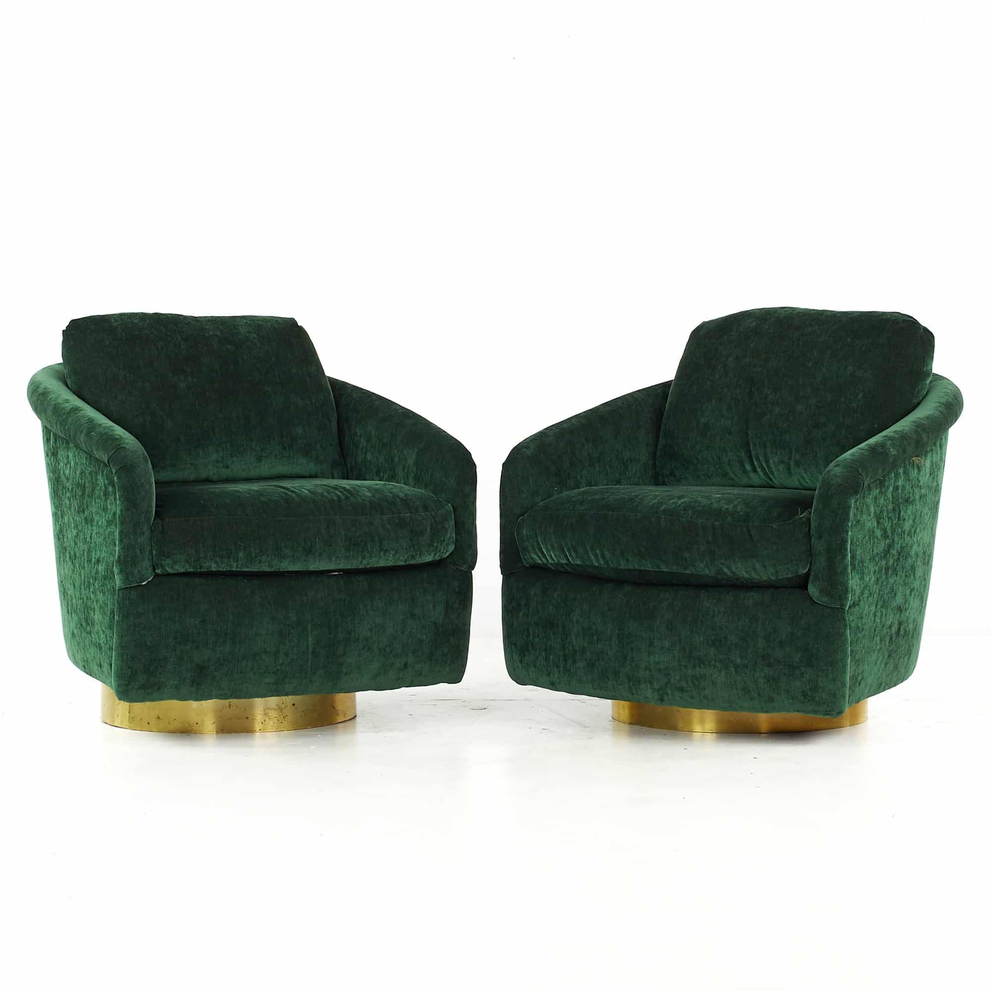 Milo Baughman Style Mid Century Brass Base Swivel Lounge Chairs - Pair