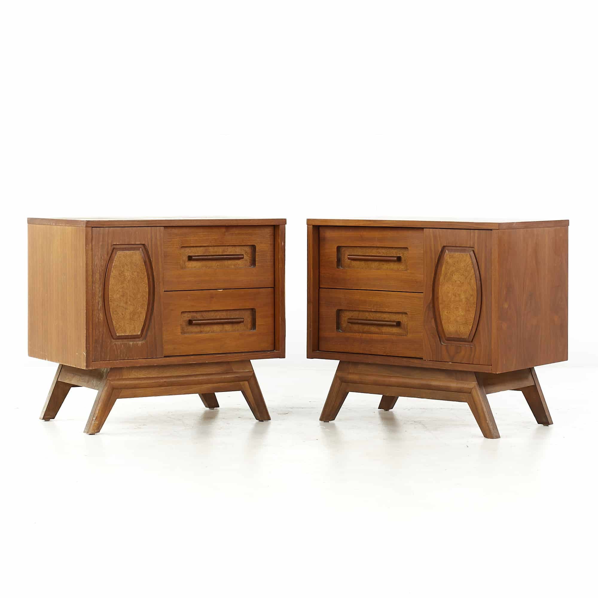 Young Manufacturing Mid Century Walnut and Burlwood Nightstands - Pair