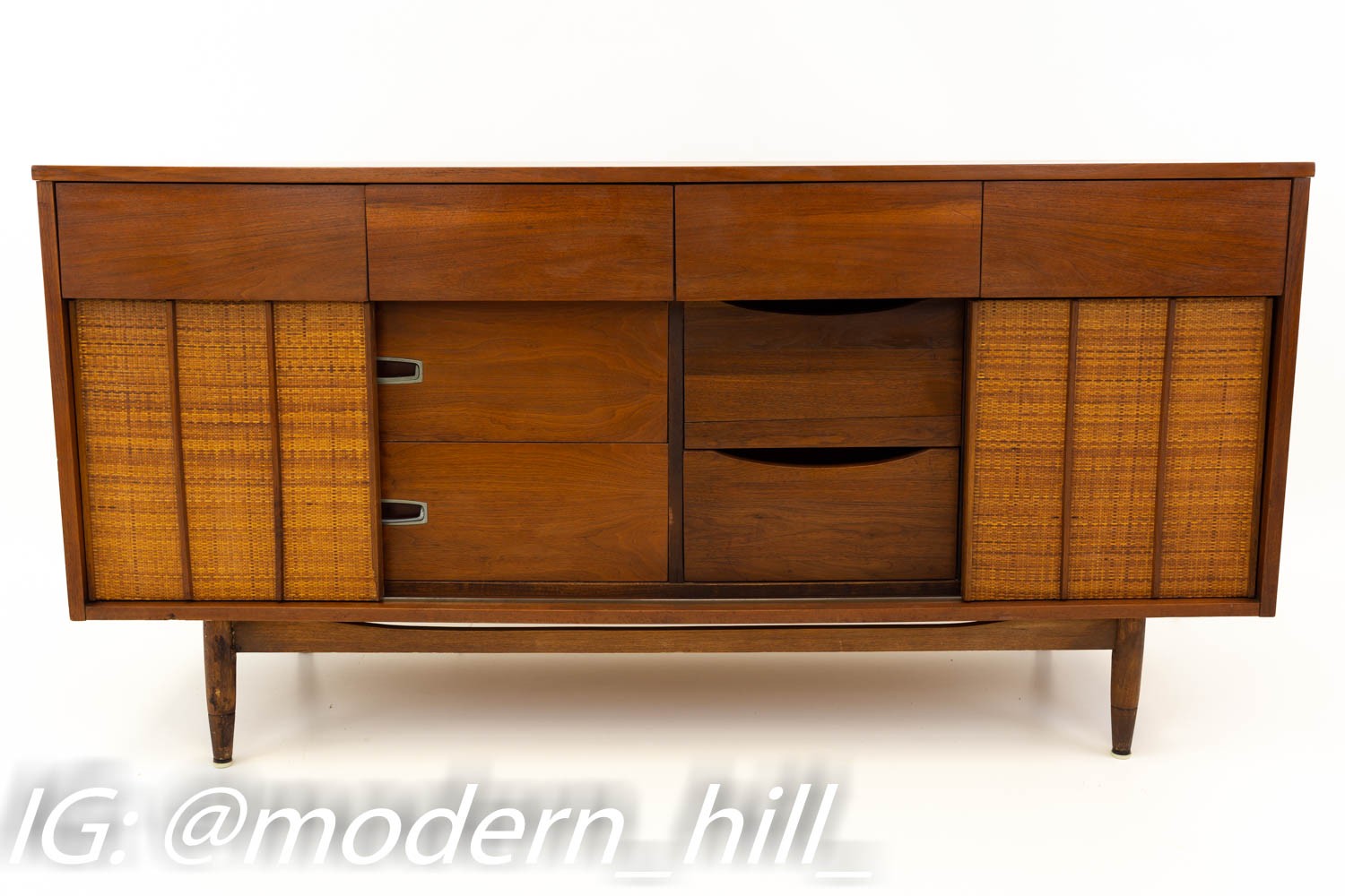 Restored Mainline by Hooker Reversible Door Cane and Walnut Mid Century 9 Drawer Lowboy