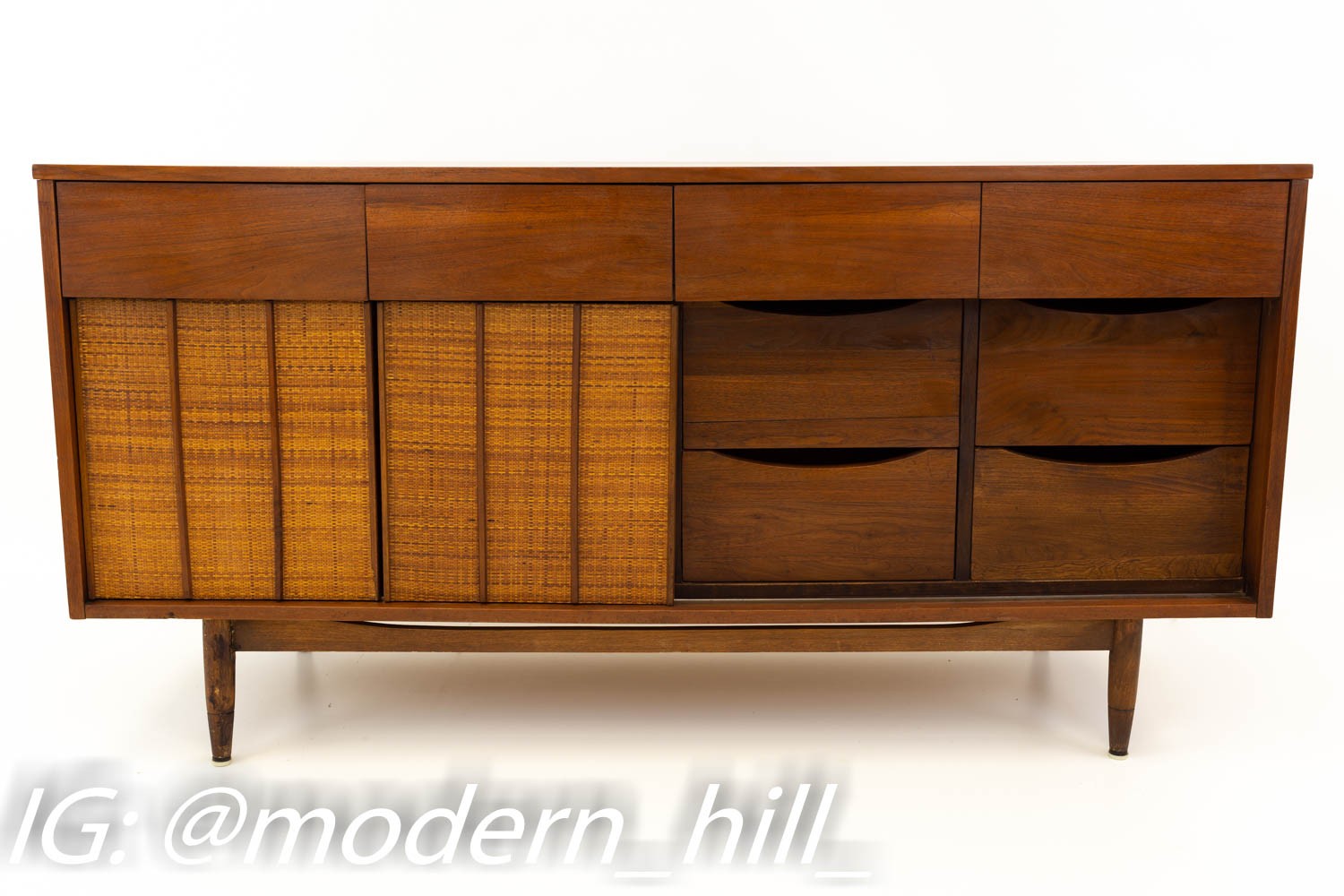 Restored Mainline by Hooker Reversible Door Cane and Walnut Mid Century 9 Drawer Lowboy