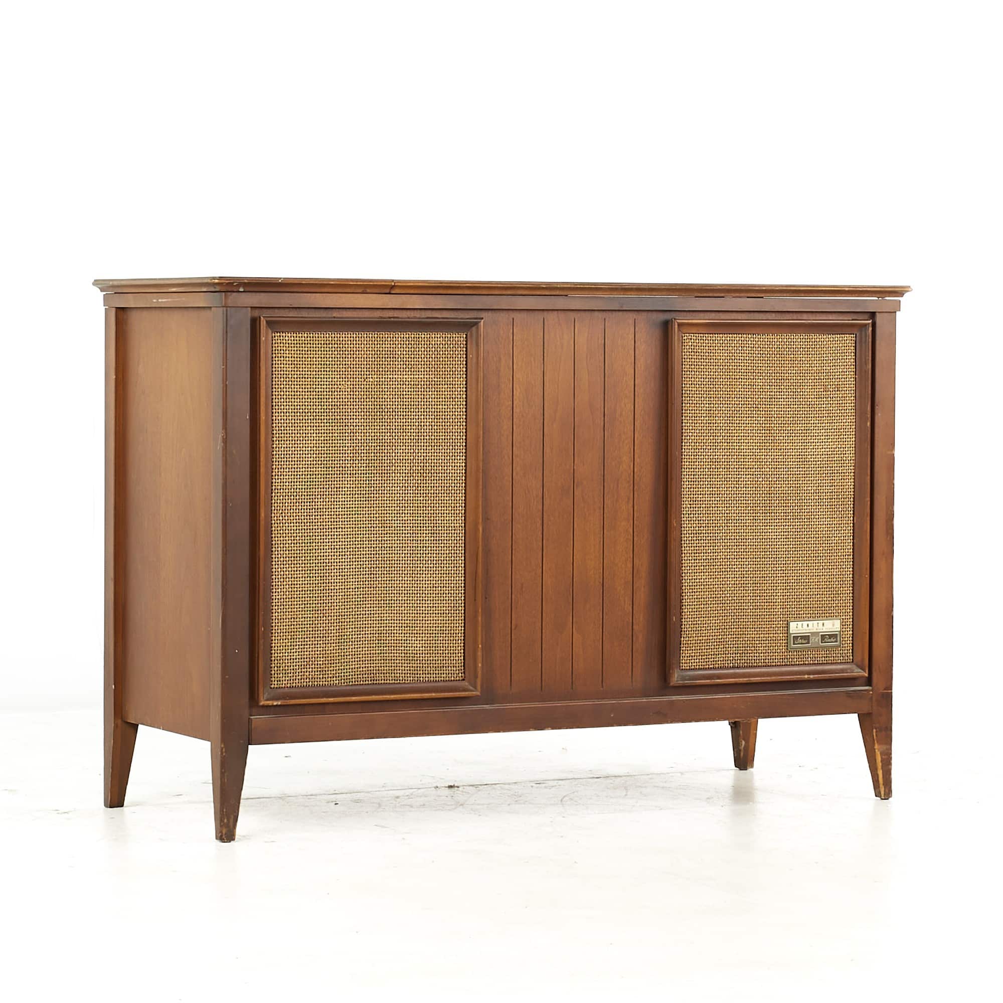 Zenith Mid Century Walnut and Cane Stereo Console
