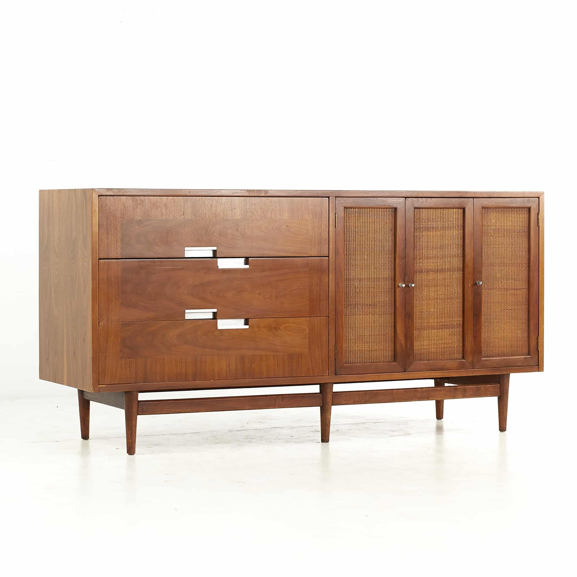 Merton Gershun for American of Martinsville Mid Century Cane and Walnut Front Lowboy Dresser