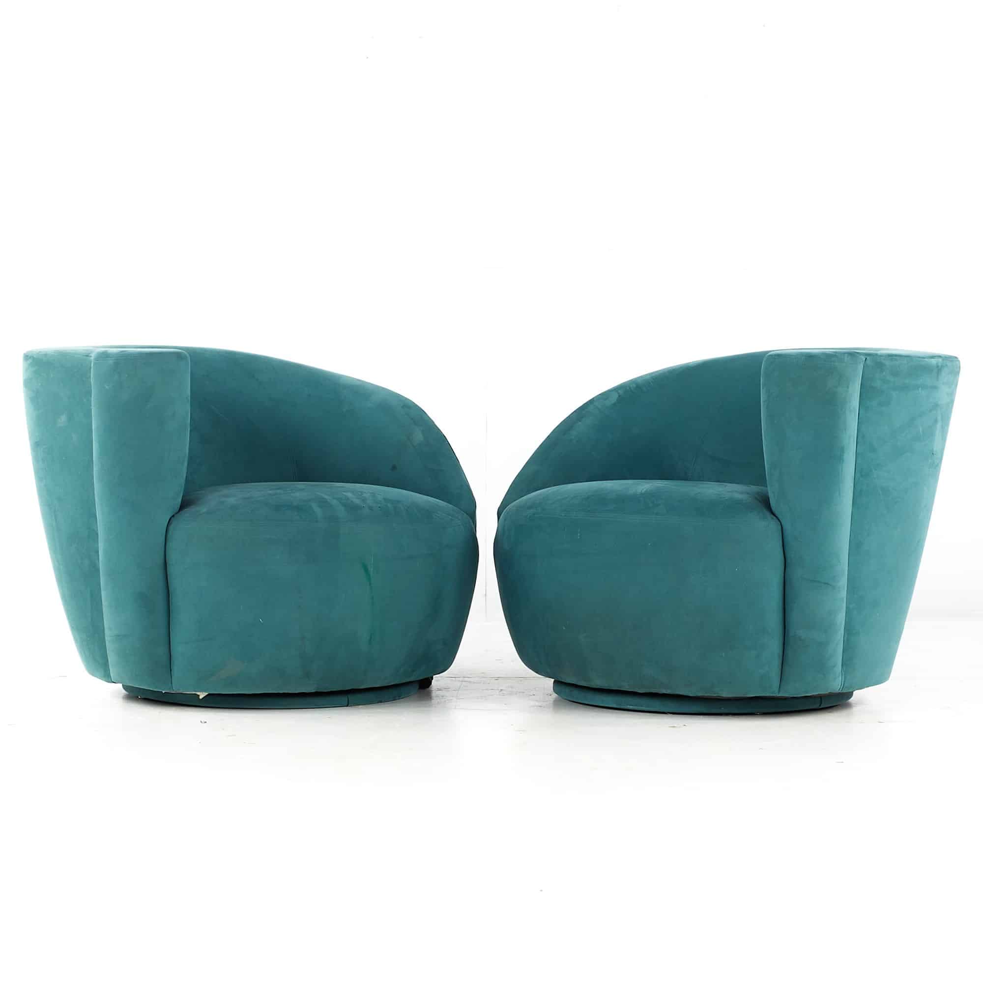 Vladimir Kagan Style Mid Century Nautilus Barrel Swivel Lounge Chairs - Pair