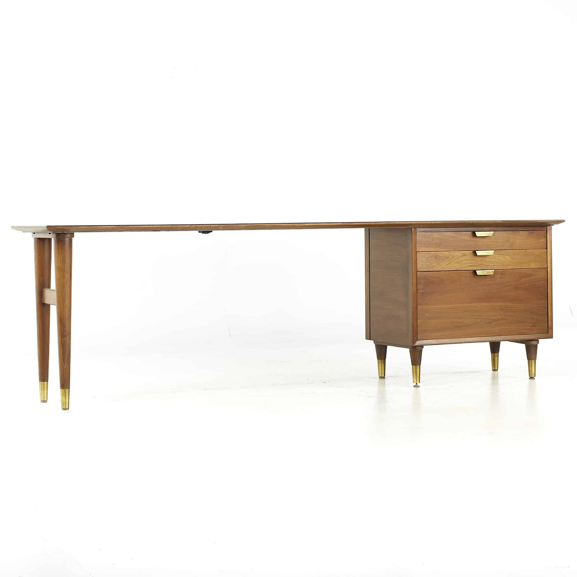 Standard Furniture Mid Century Walnut and Brass Desk Credenza