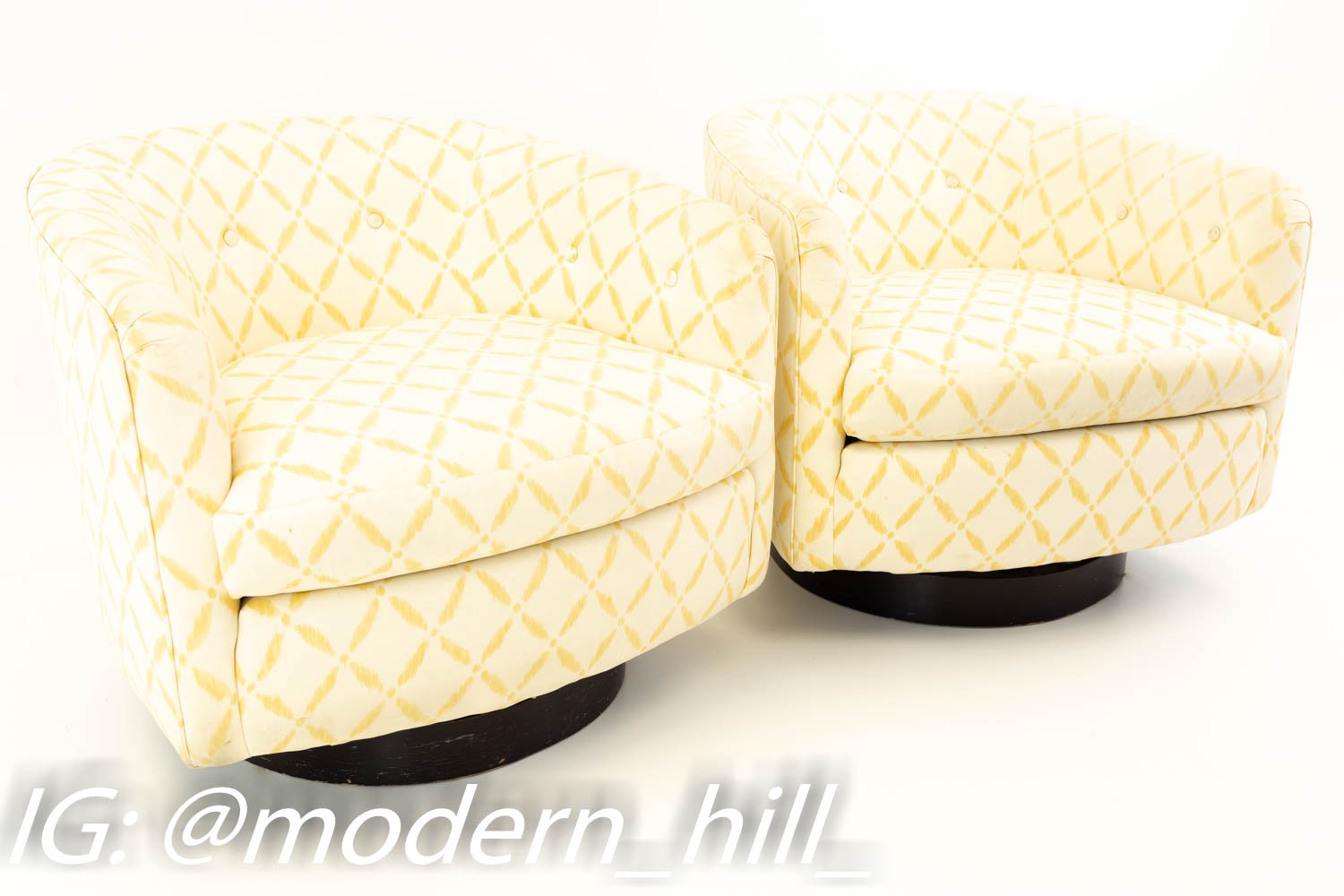 Pair of Selig Milo Baughman Style Mid Century Barrel Swivel Lounge Chairs