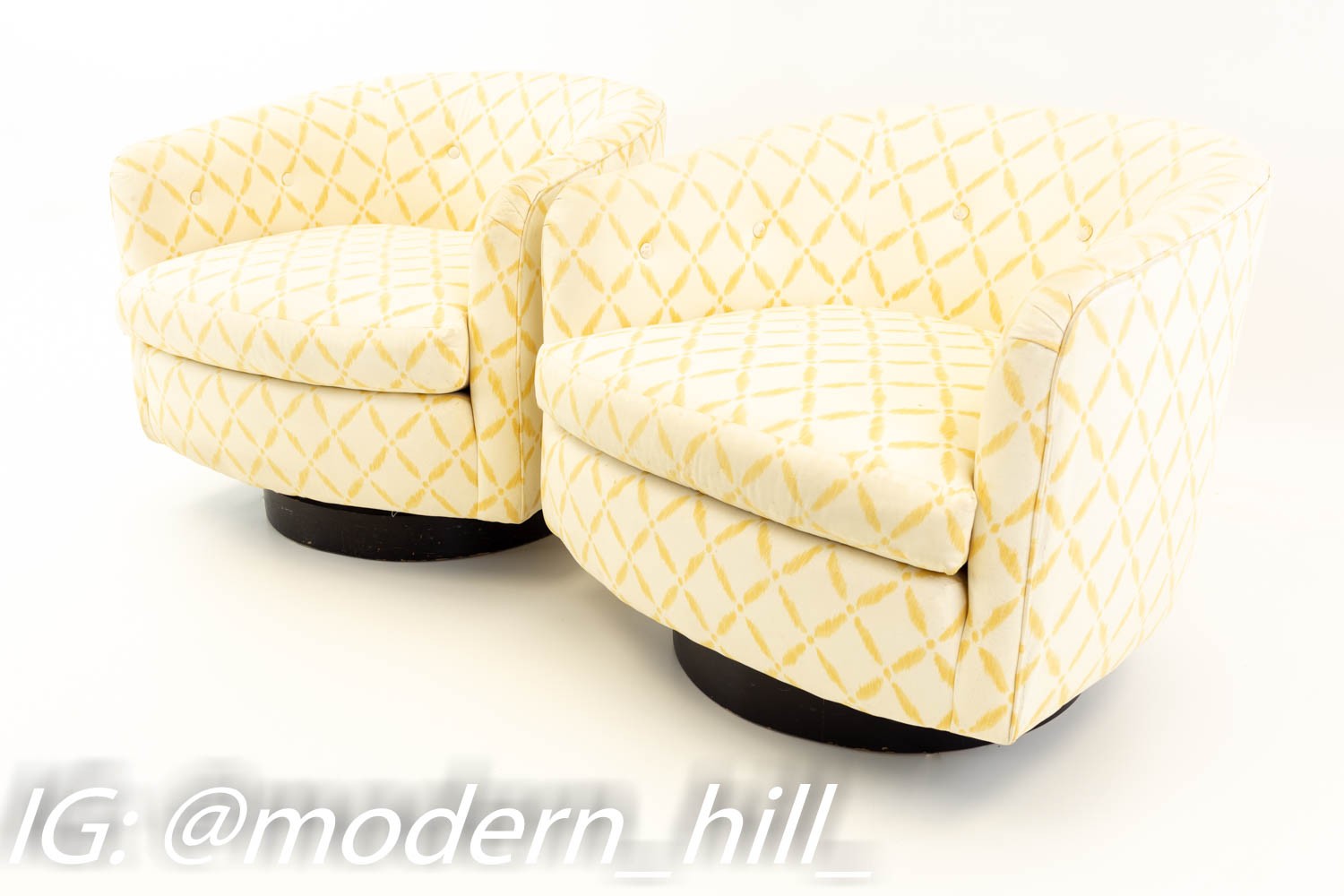 Pair of Selig Milo Baughman Style Mid Century Barrel Swivel Lounge Chairs