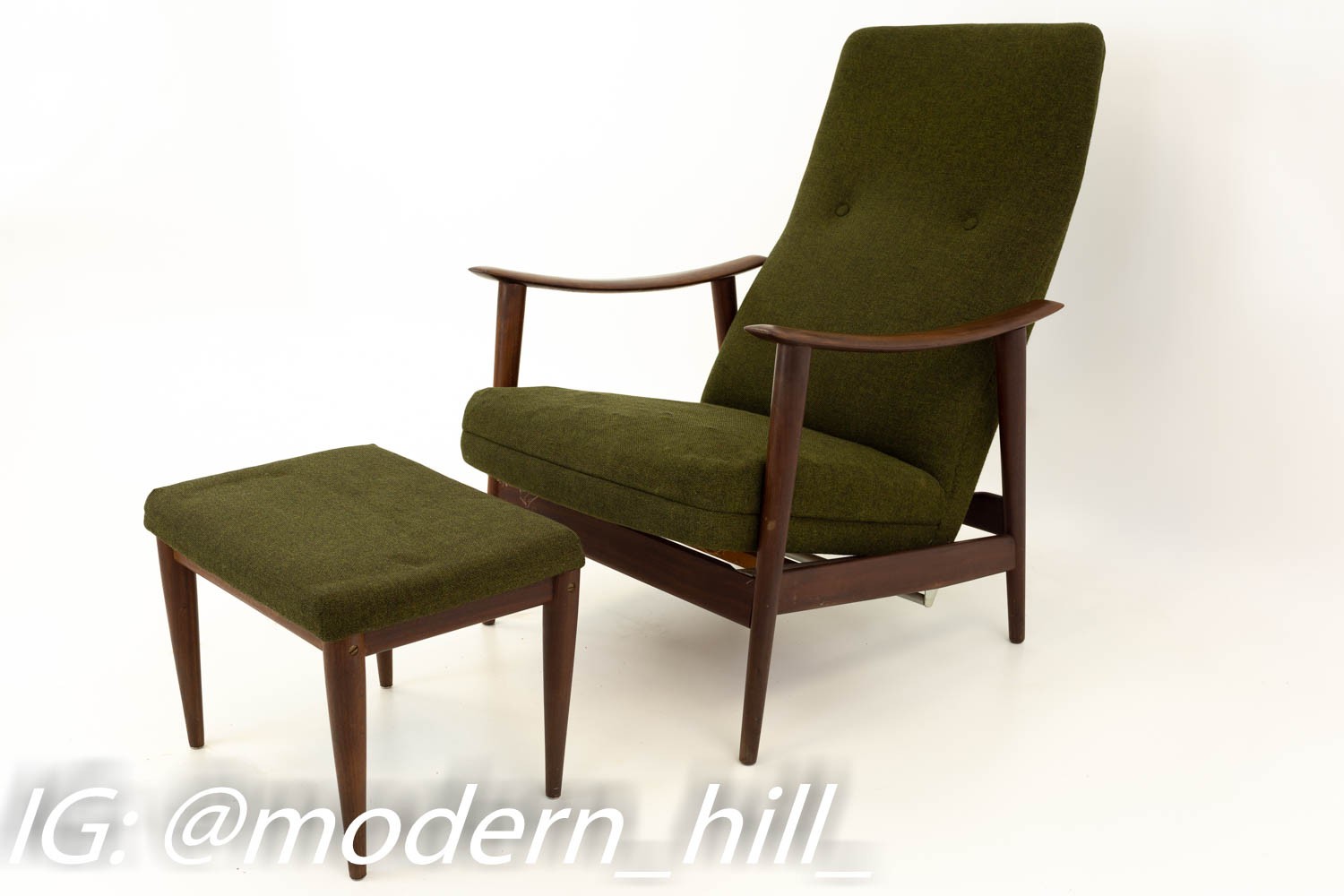 Westnofa Danish Mid Century Reclining Green Wool Lounge Chair