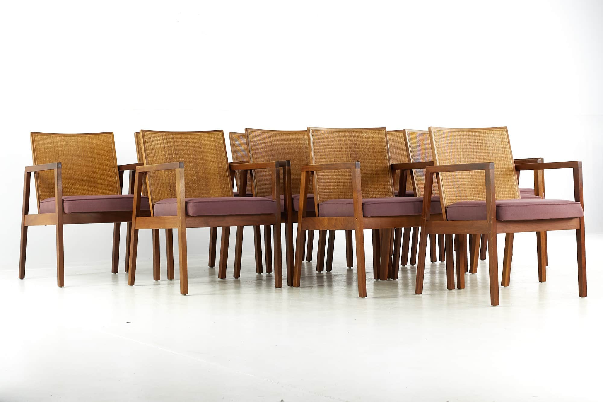 George Nelson for Herman Miller Mid Century Walnut and Cane Dining Chairs - Set of 12