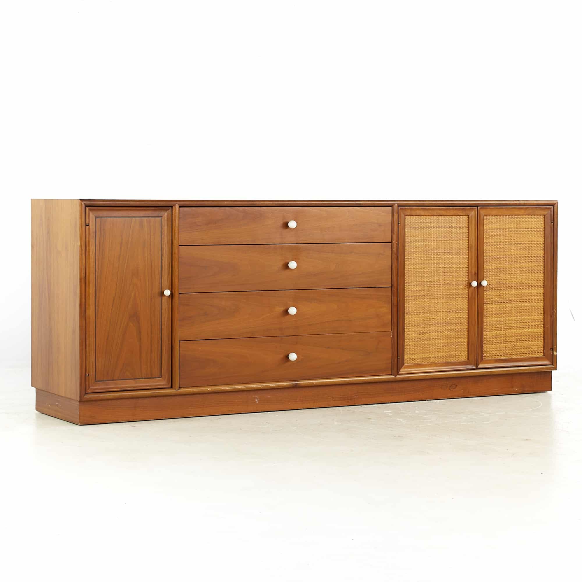 Kipp Stewart for Drexel Mid Century Walnut and Cane Front Buffet and Hutch